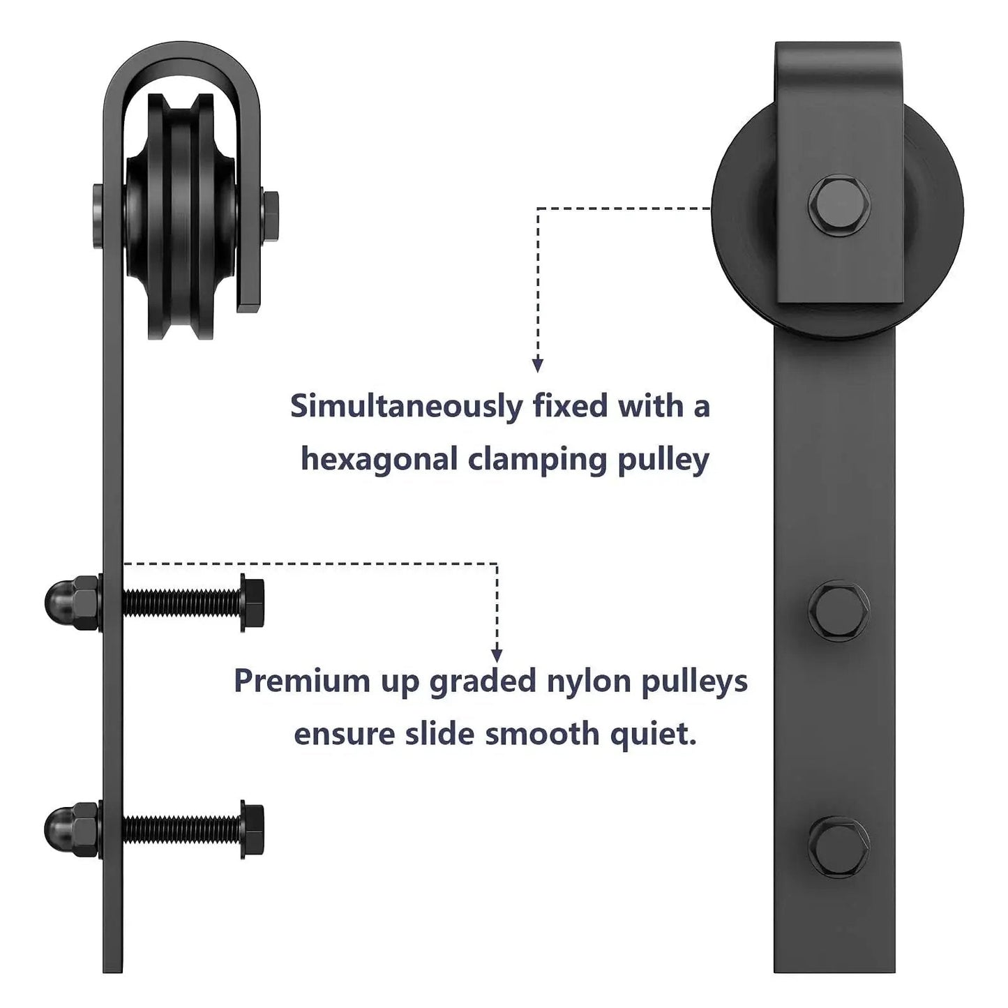 Side view of Sliding Barn Door Hanger Rollers Set Of Two For All Barn Door Hardware Kits, J-Shape Hangers, black steel, easy install.