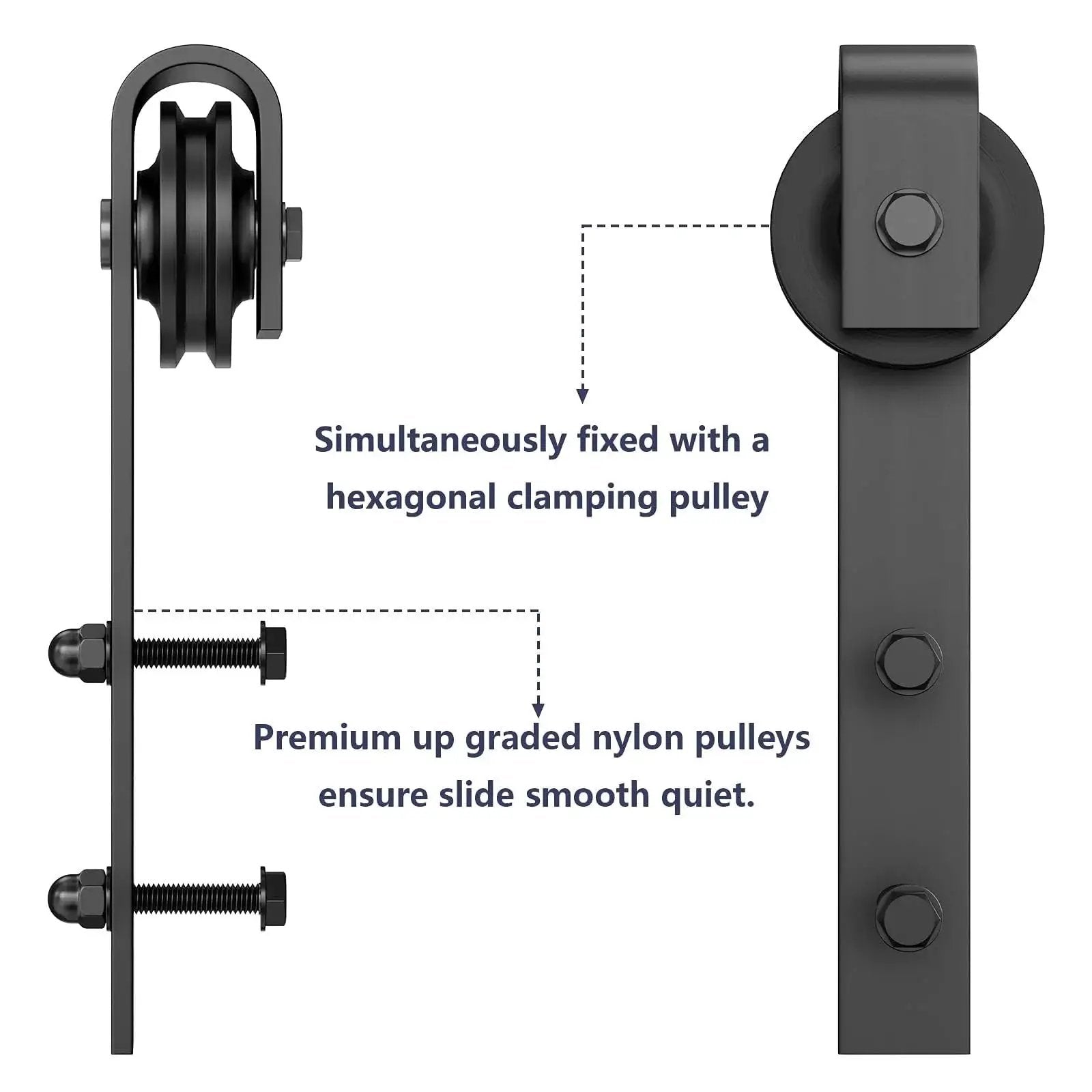 Side view of Sliding Barn Door Hanger Rollers Set Of Two For All Barn Door Hardware Kits, J-Shape Hangers, black steel, easy install.