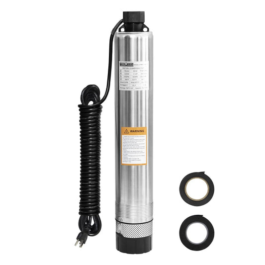 Front view of a 4 Inch Submersible Effluent Pump With Bottom Suction, 33Ft Cable, 1HP 115V 60Hz, 32GPM, 207Ft Head, Stainless Steel, with accessories