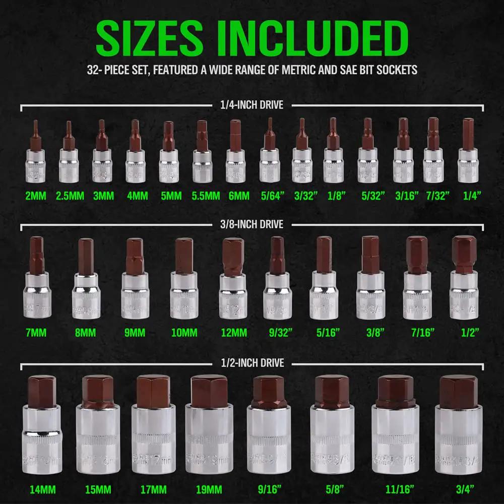 All Purpose Hex Bit Socket Kit With SAE And Metric Sizes In One Quarter Inch, Three Eighths Inch, And One Half Inch Drives, Swanlake 32 Piece Set displayed with size labels.