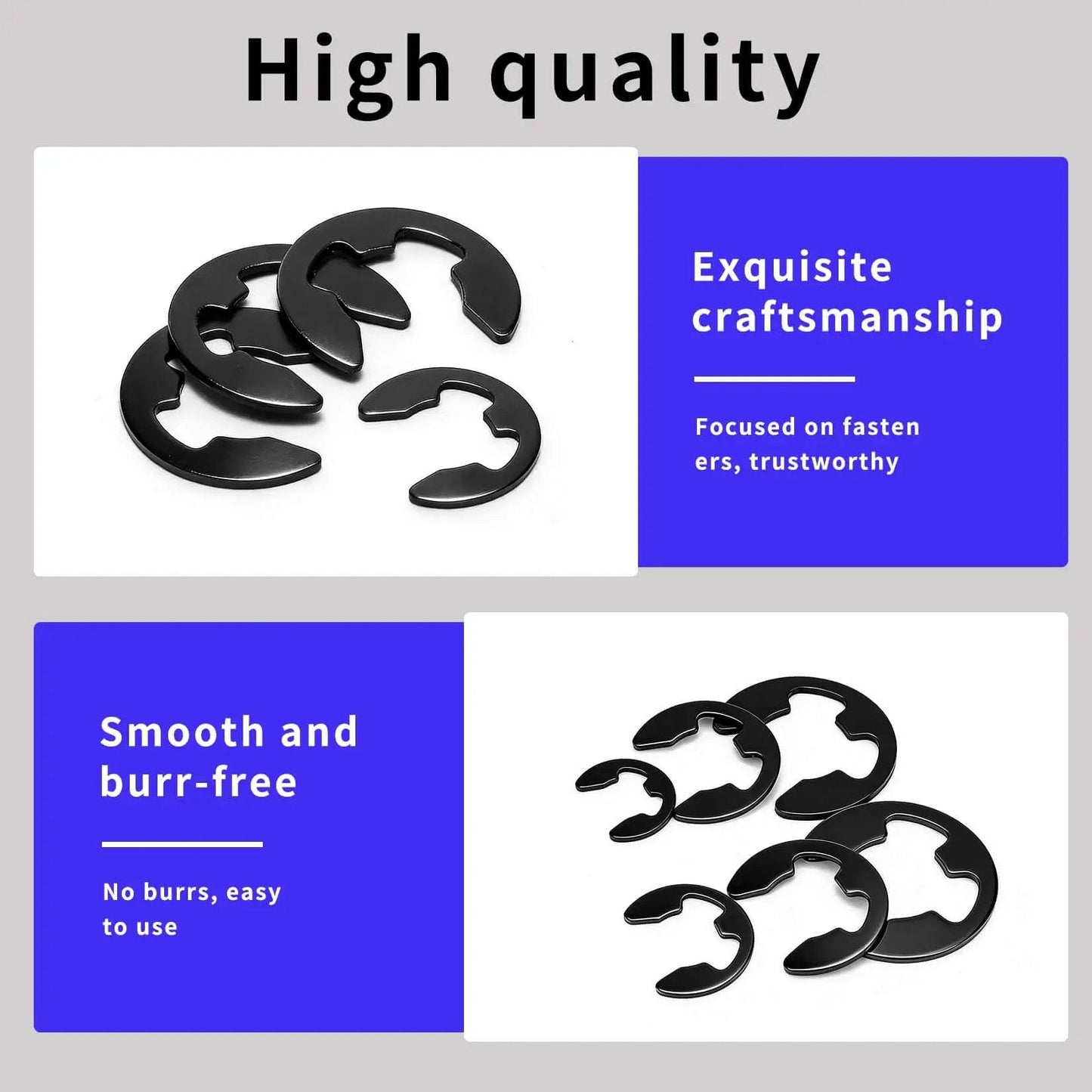 1100 Piece E Clip Retaining Rings Set with C Clips and Snap Rings, close-up of carbon steel, rust-resistant rings, high quality