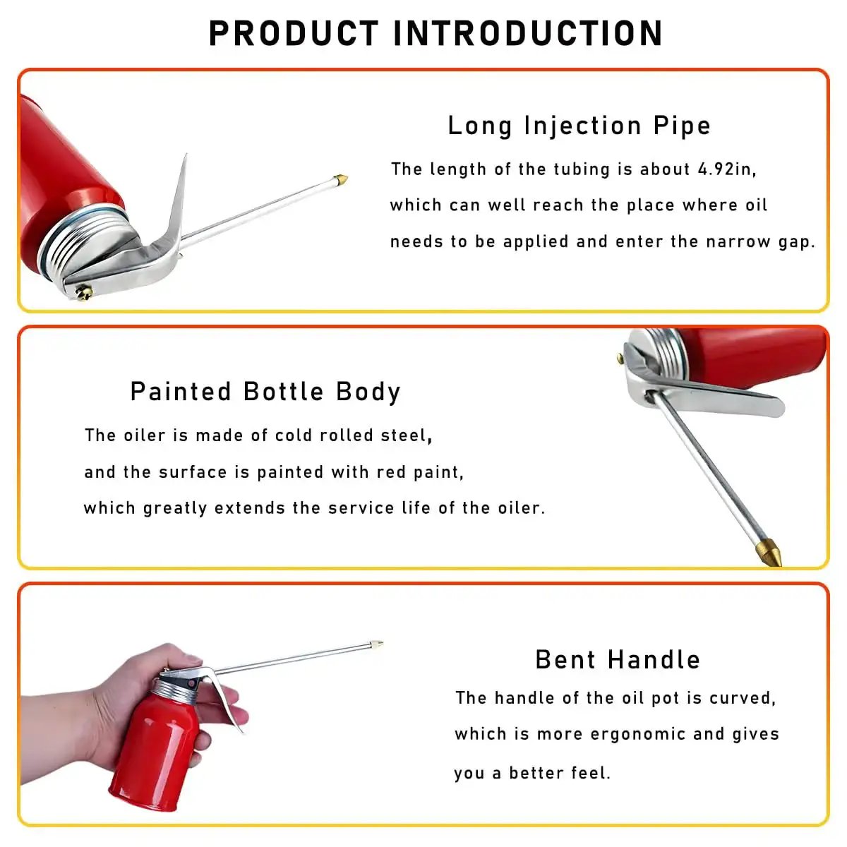 Image displaying a Two Pack Oil Pump Oiler 200ml Metal Spray Can with 4.92-inch spout, showing nozzle detail, handle, and red painted body.