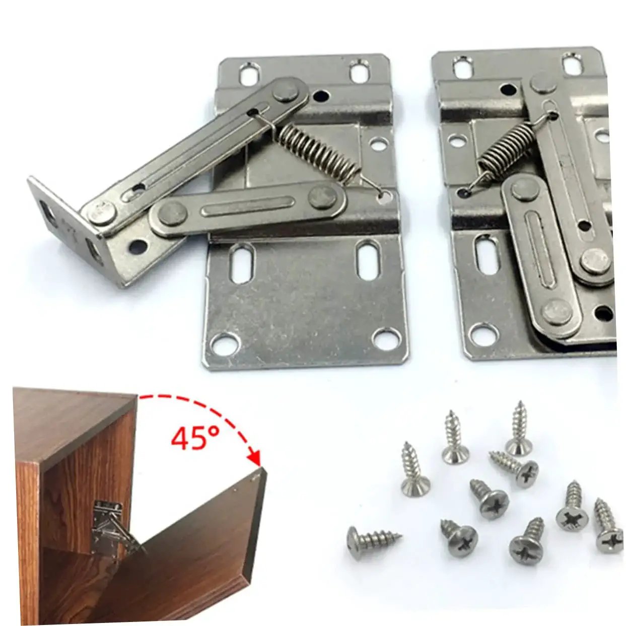 4 Pack Hidden Spring Hinges for Cabinets with Drop Leaf Support, shown with screws and installed in a wooden corner cabinet