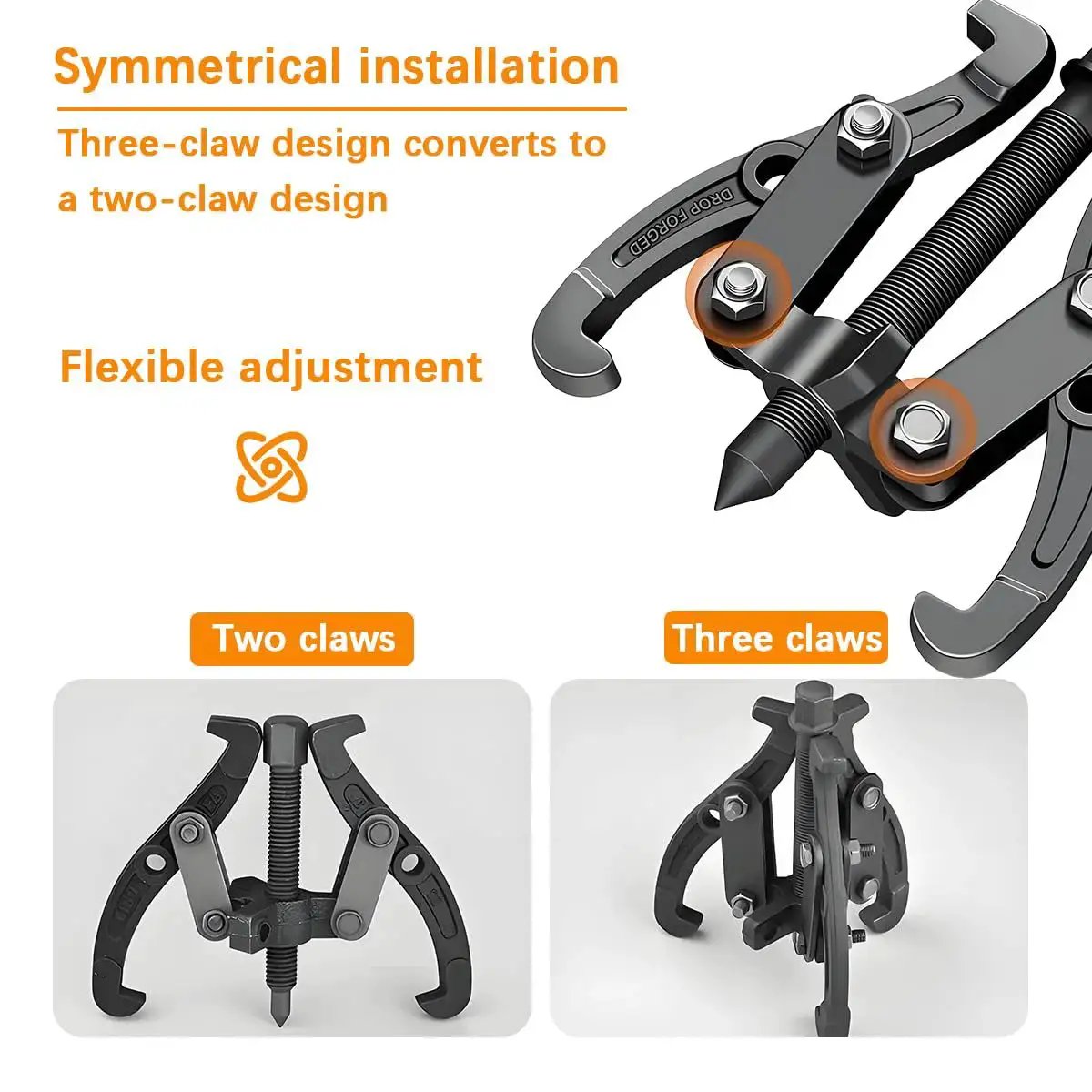 3 Jaw Inner Bearing Puller With Reversible Jaws Heavy Duty Removal Tool showing three-claw and two-claw configuration.