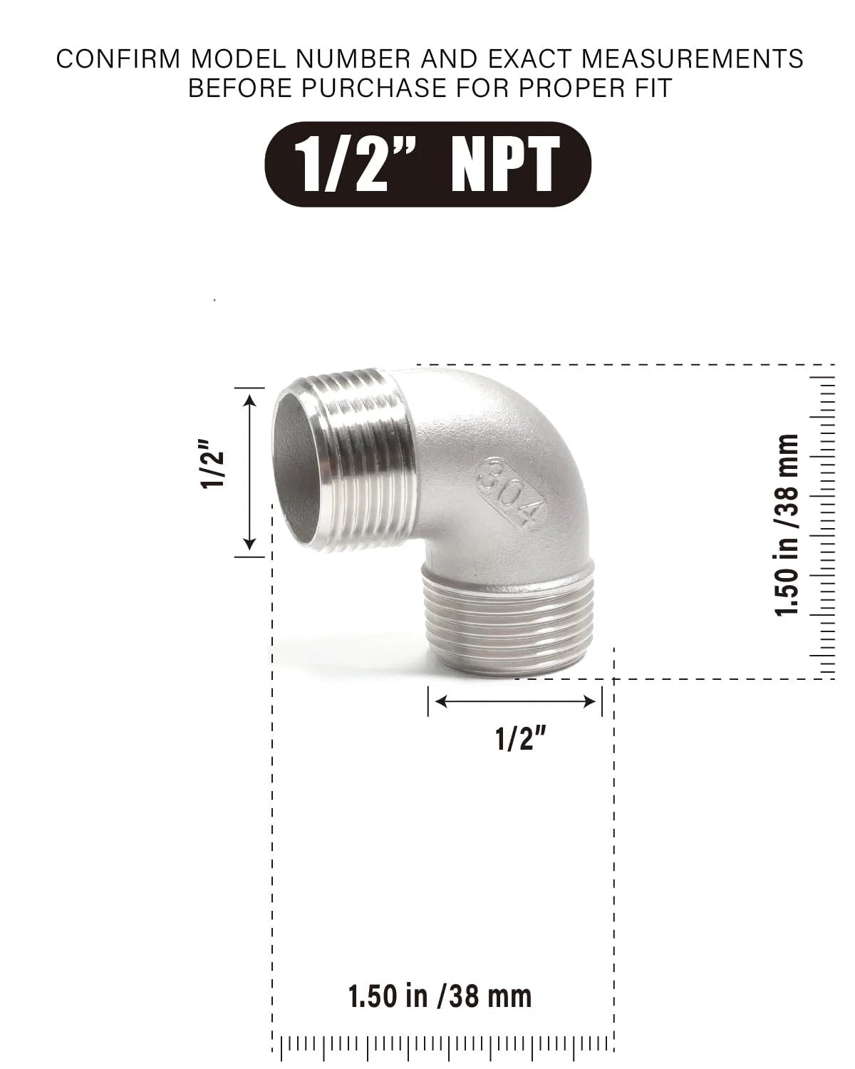 One Pack One Half Inch Stainless Steel 304 90 Degree Street Elbow With Male NPT Threads On Both Ends For Water Gas And Oil Lines Handles Up To 150 PSI High Pressure Durable Plumbing Fittings AGUTEA front view