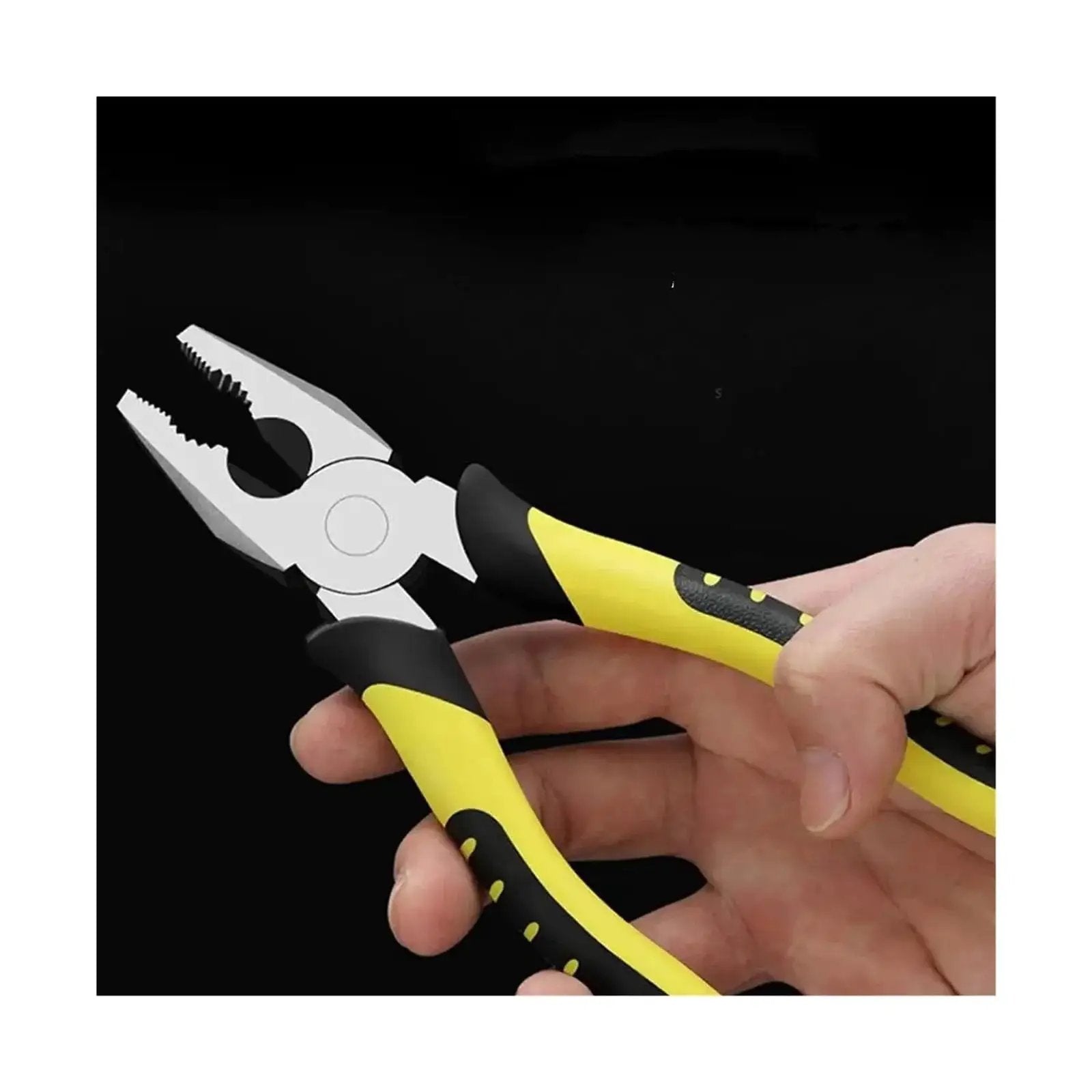 Hand holding 6 Inch Multi Function Pliers with Wire Cutter Diagonal Cutting Crimping, featuring yellow and black rubber grips.