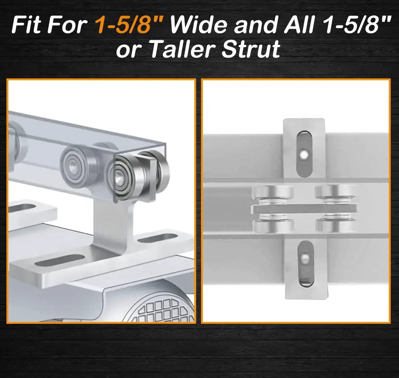 Close-up of 4 wheel trolley assembly for 1-5/8 inch Unistrut channel, galvanized steel, silent operation, industrial use, 2-pack