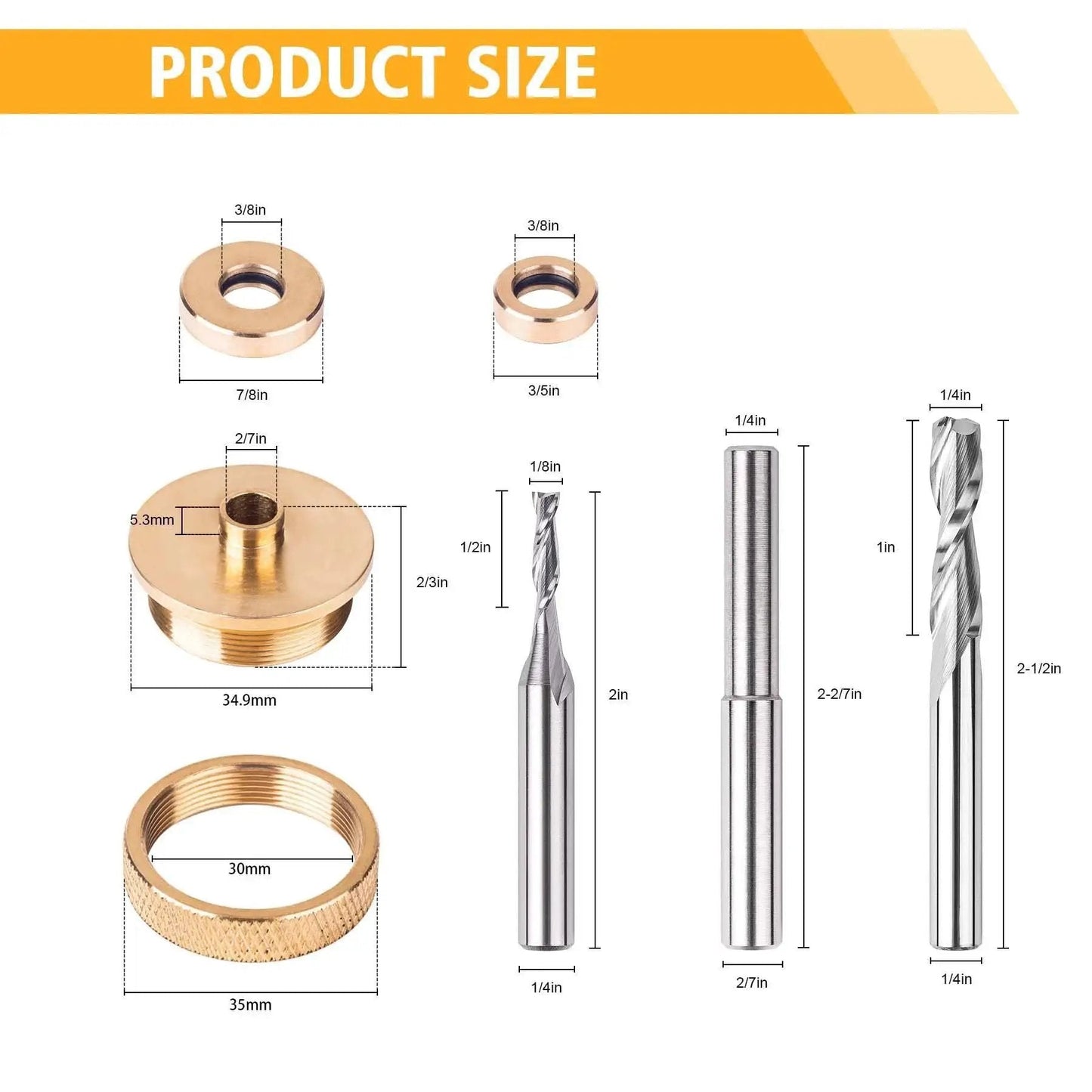 Router Inlay Kit With Solid Brass Bushings And Carbide Spiral Upcut Bits For Woodworking product size chart and dimensions