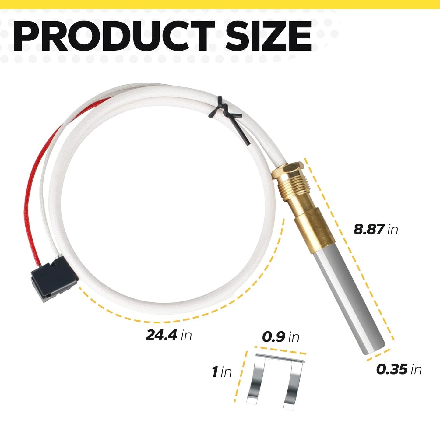 Thermopile Replacement For Water Heaters No Fuss Install Compatible With Pilot Burner Parts SP20824 SP20754 SP21058, product size details.