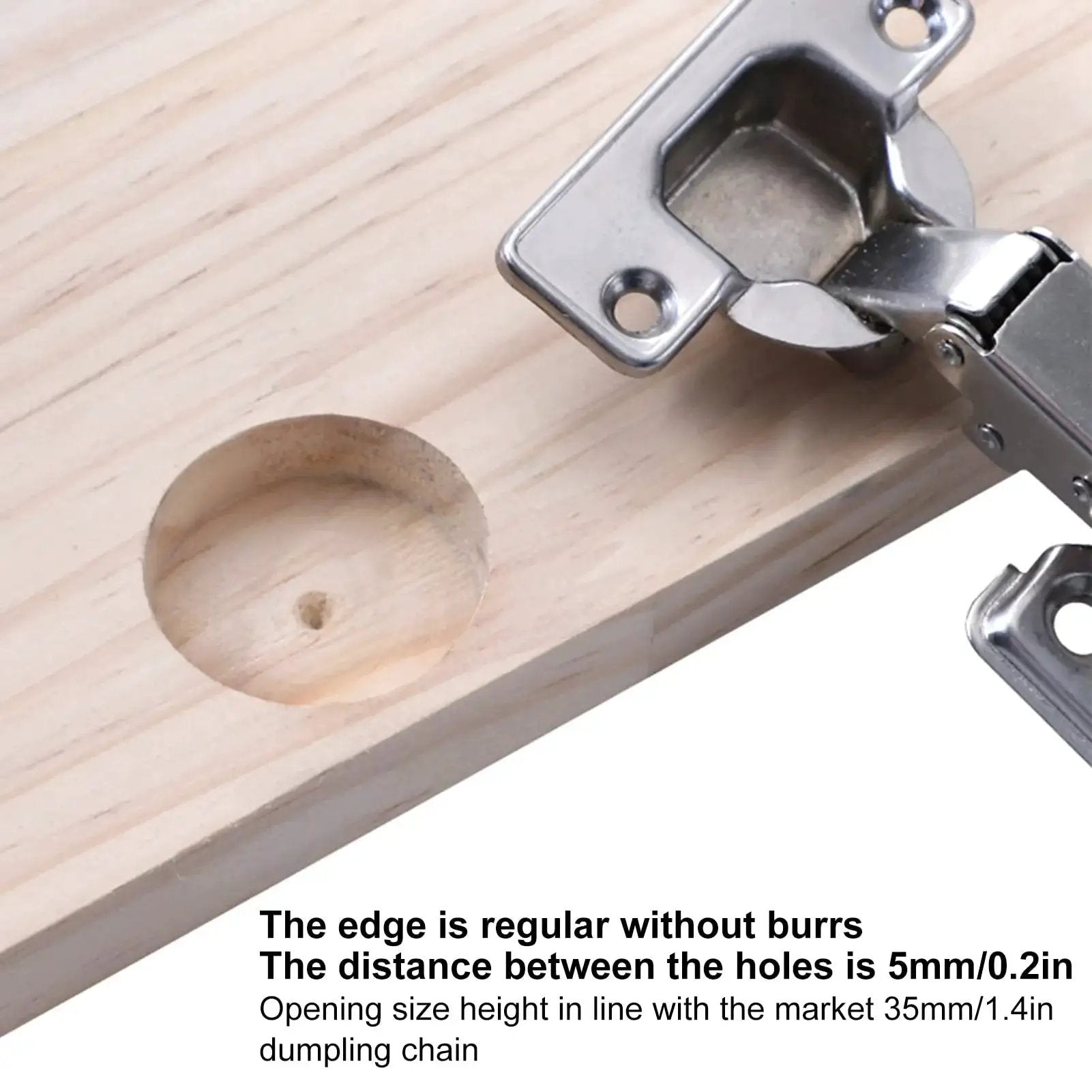 Wooden surface with a hinge installed, showing 35mm hole drilled using Household Woodworking Hinge Boring Jig Kit 35mm And 1.4 Inch Hole Opener.