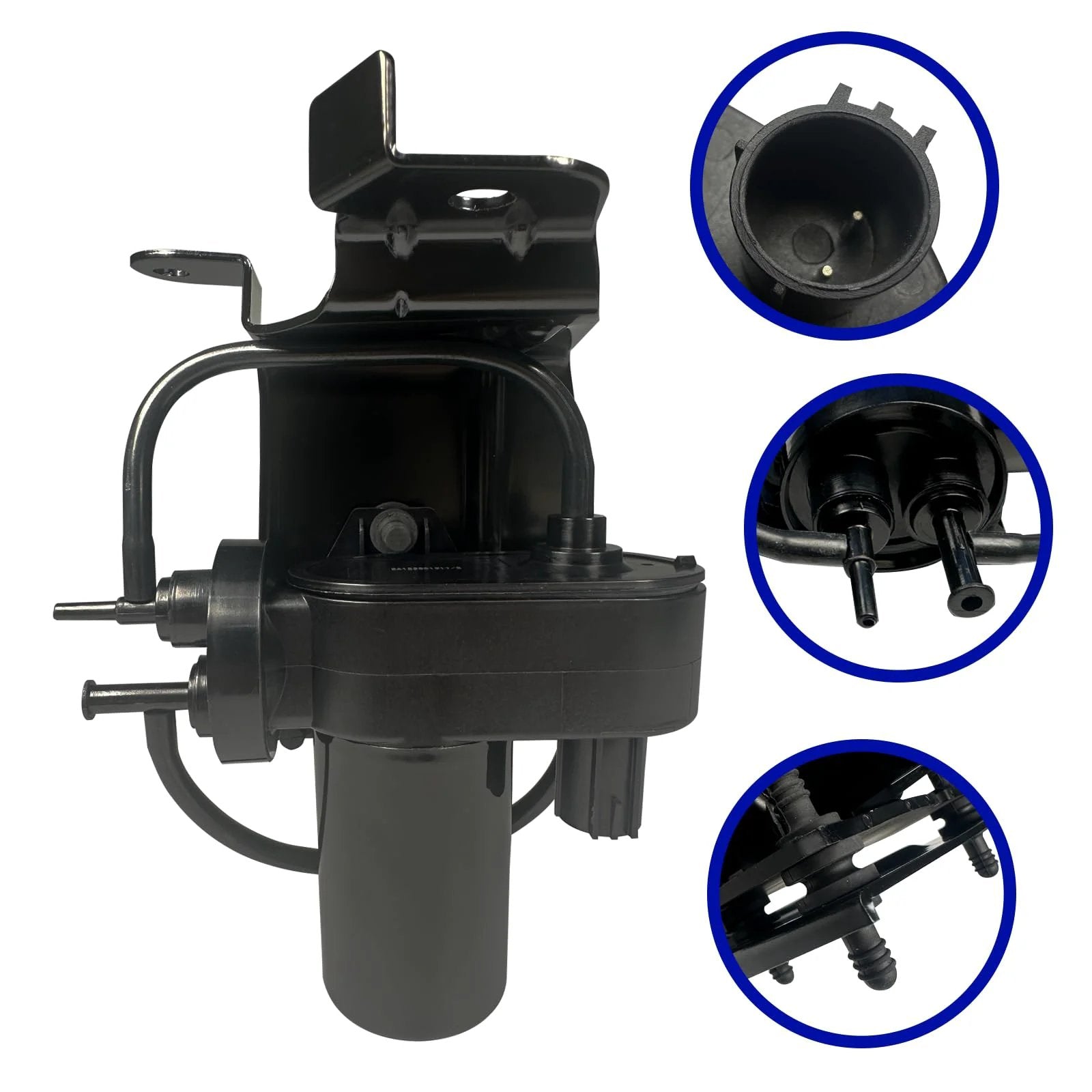 Replacement 904-214 Vacuum Pump For Ford Excursion 1999-2010 F-250 F-350 F-450 F-550 E-350 E-450 Vans And Dodge Ram 2500 3500 1999-2007 12V Diesel Engine For Air Conditioning Brakes And 4WD Solenoid, side view with close-up insets