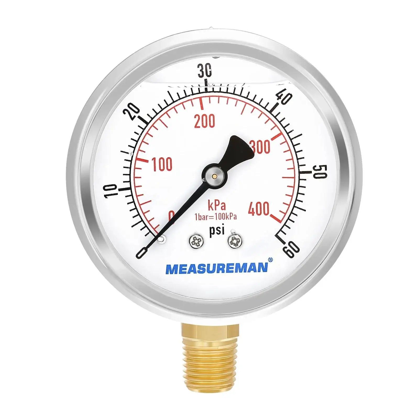 Front view Tough As Nails Two And A Half Inch Dial Liquid Filled Pressure Gauge For Gas And Non Corrosive Liquids With 0 To 60 Psi and kPa Dual Scale Stainless Steel Case Brass Wetted Parts Glycerin Fill Lower Mount One Quarter Inch NPT MeasureMan