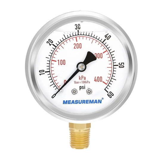 Front view Tough As Nails Two And A Half Inch Dial Liquid Filled Pressure Gauge For Gas And Non Corrosive Liquids With 0 To 60 Psi and kPa Dual Scale Stainless Steel Case Brass Wetted Parts Glycerin Fill Lower Mount One Quarter Inch NPT MeasureMan