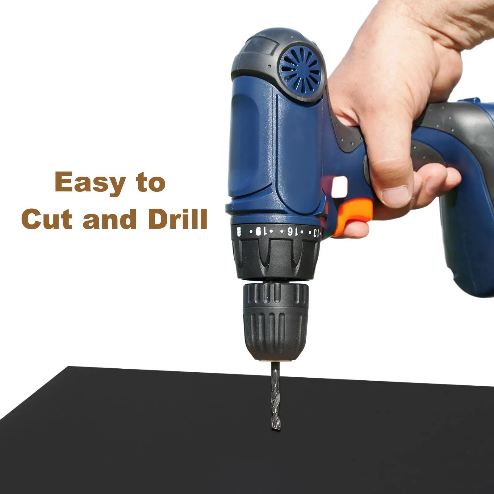 Hand holding a drill over a black Hard UHMW Polyethylene Sheet For Heavy Duty Use By Meccanixity, 10 X 12 X 0.1 In.