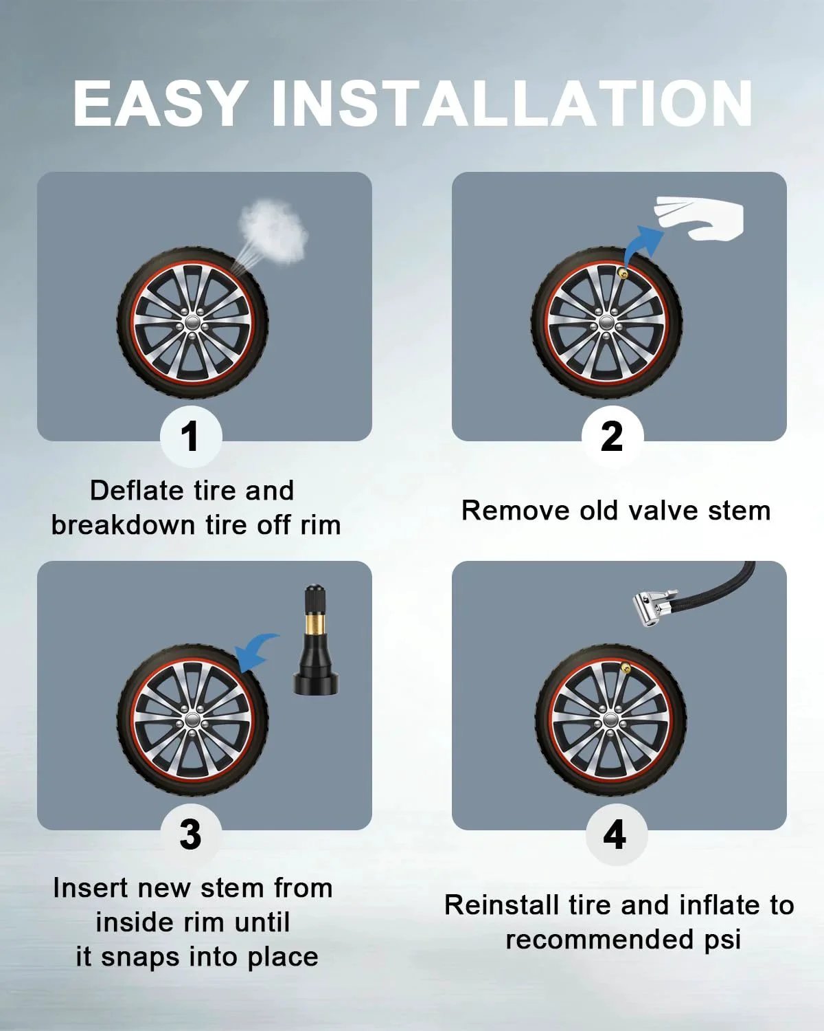 Step-by-step installation guide for TR600 High Pressure Tire Valve Stems Five Pack Heavy Duty Rubber Snap In For Zero Point Four Five Three Inch Rim Hole Fit For Trucks Trailers And Cars Riseuvo Durable Construction For Weather Resistant Performance And Easy Install In Any Garage.