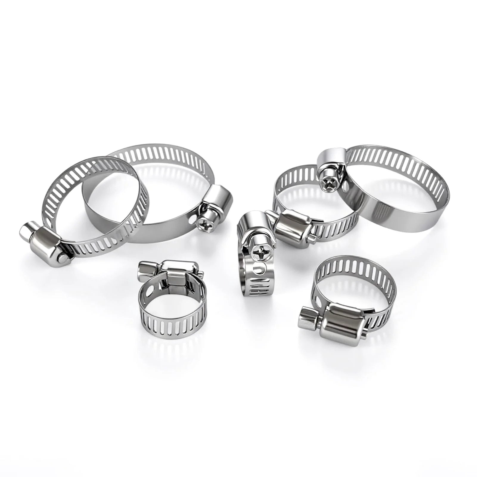 Boss Grade Heavy Duty 201 Stainless Steel Hose Clamp Kit With 60 Pieces In Seven Adjustable Sizes From Quarter Inch To One And A Half Inch Six To Thirty Eight Millimeter Worm Gear Clamps For Plumbing Automotive And Mechanical Use, various sizes and types displayed.