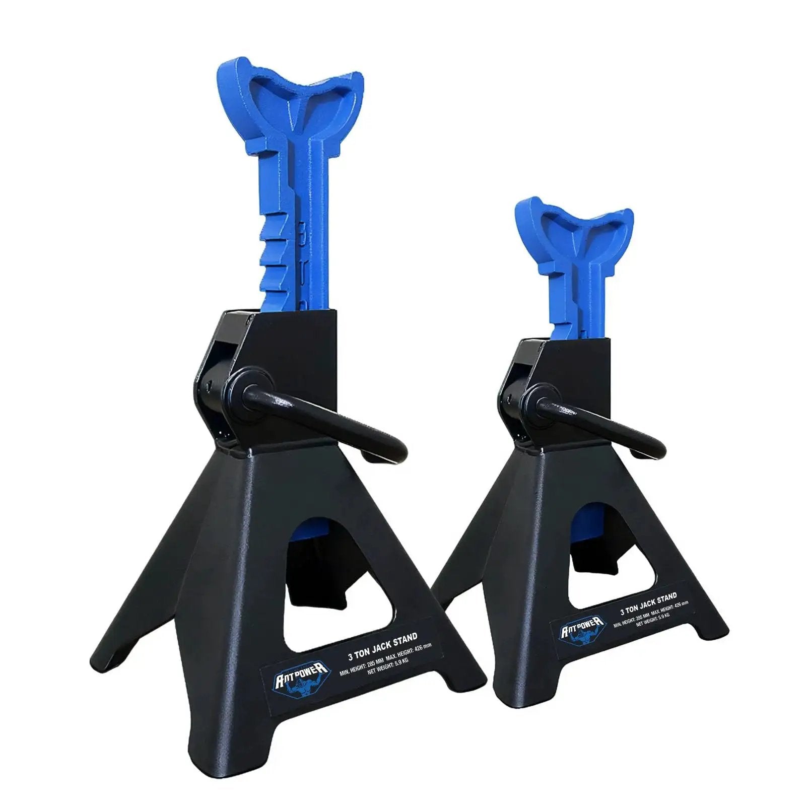 Pair of 3 Ton Heavy Duty Car Jack Stands Set With Adjustable Height From 11.22 To 16.77 Inches For Lifting SUVs Small Trucks And Pickups Up To 6,000 Lb Each For Safe Automotive Maintenance. Shown in black and blue, side view.