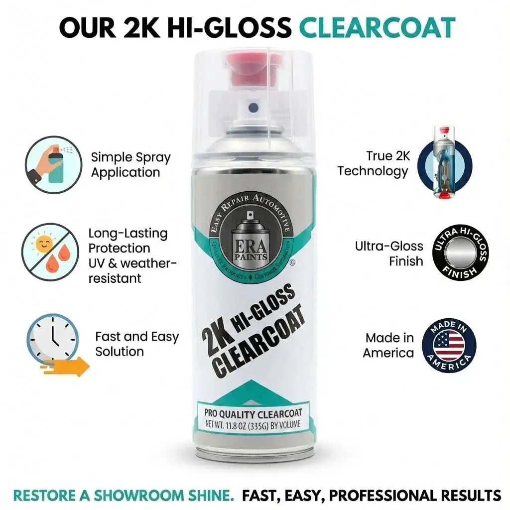 Front view of 2K High Gloss Clear Coat Spray With Catalyst Activated Formula Pro Grade Finish can with application features.