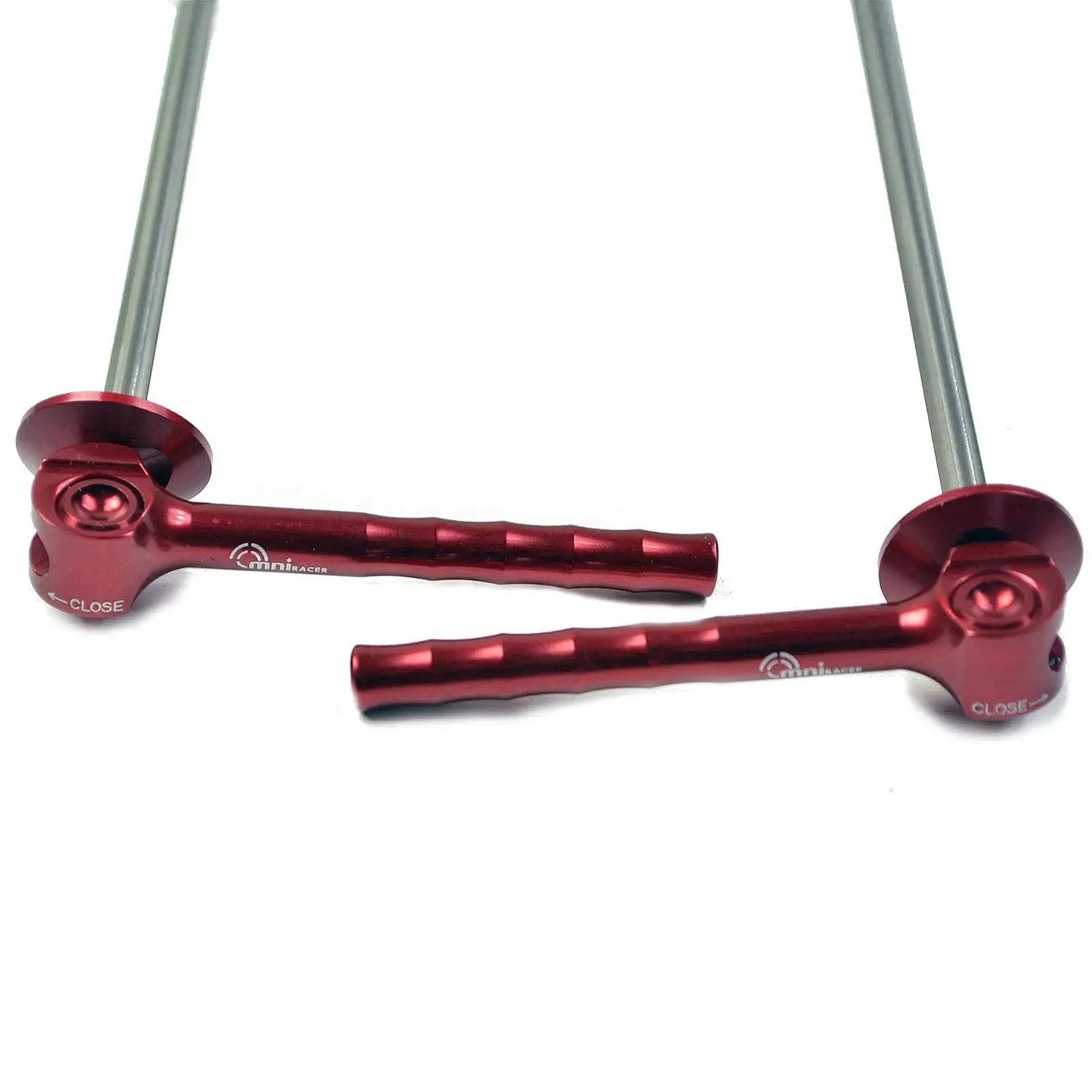 World's Lightest Quick Release Wheel Skewer Set in Red by OMNI, 40.8 Grams Per Set, CNC aluminum lever arms visible