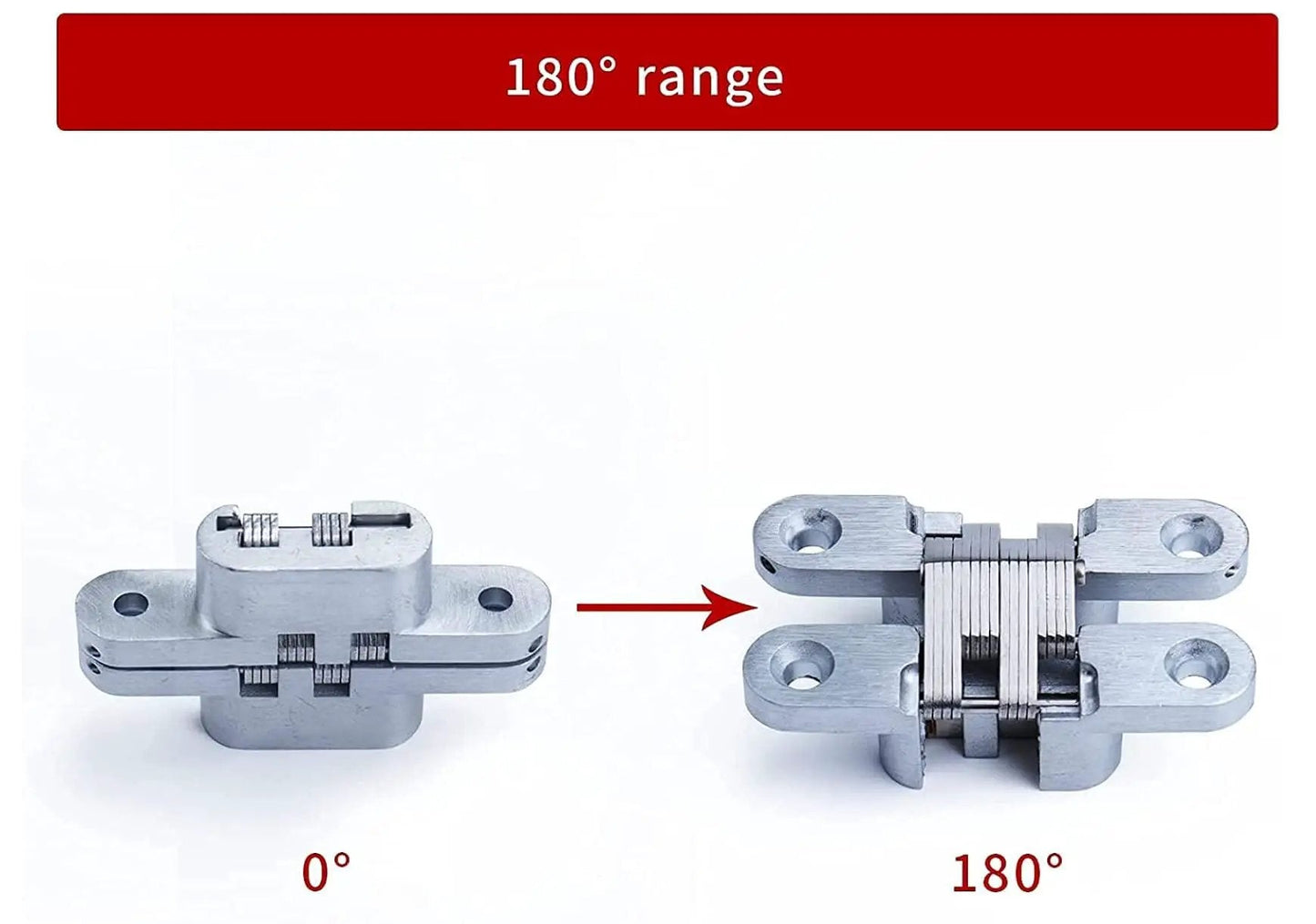 Hidden Door Hinge Set Stainless Steel Hidden Barrel for Wooden Doors and Cabinets showing 0° to 180° open range