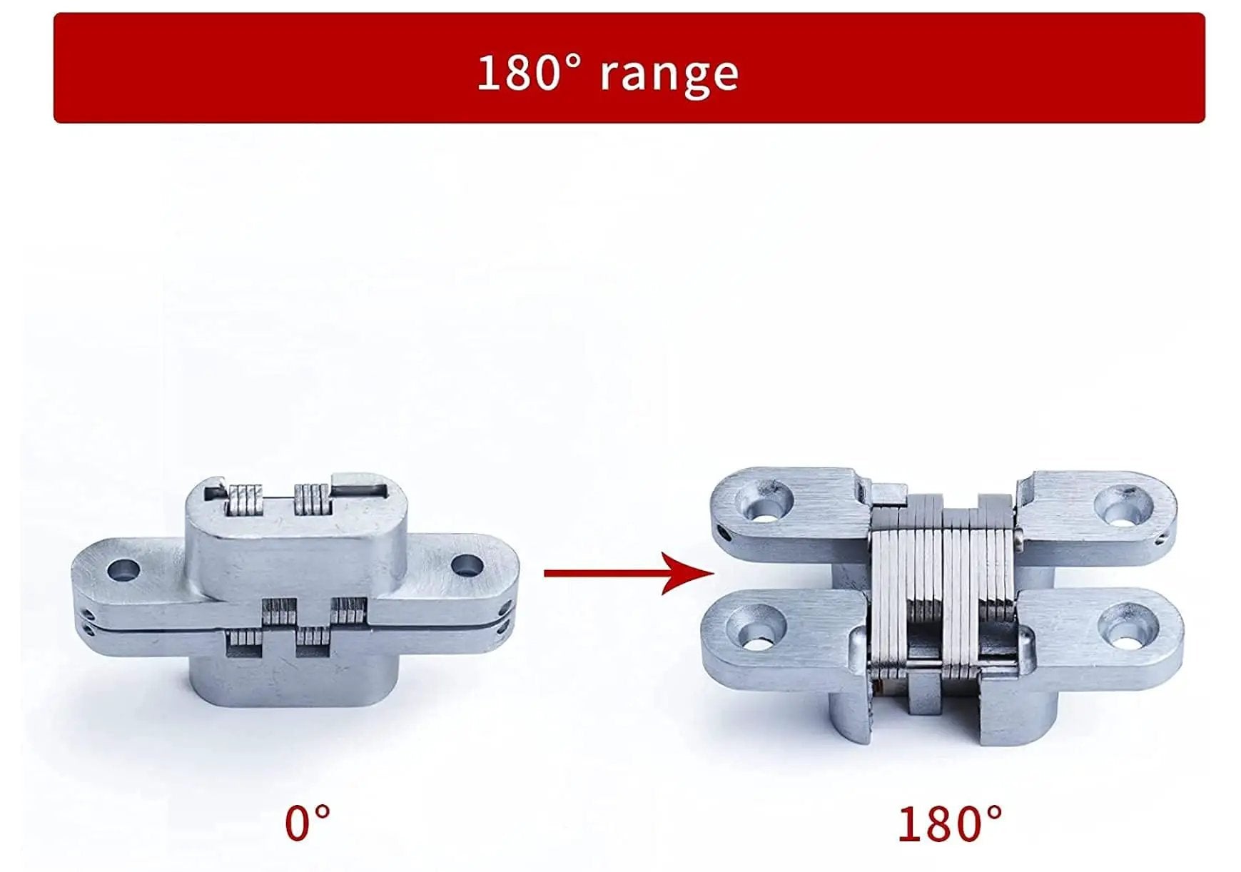 Hidden Door Hinge Set Stainless Steel Hidden Barrel for Wooden Doors and Cabinets showing 0° to 180° open range