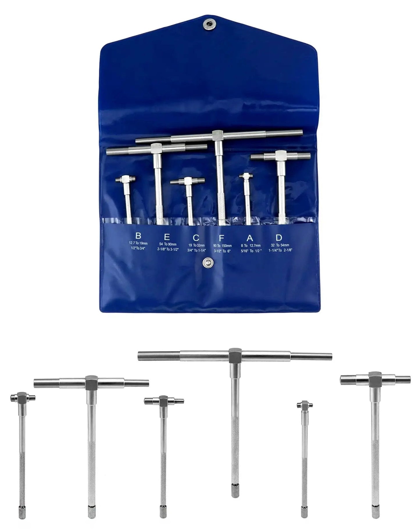 Telescopic Bore Gauge Set Five Sixteenth To Six Inches Six Pack Premium Steel T Bore Hole Gauges With Case shown in open blue case.