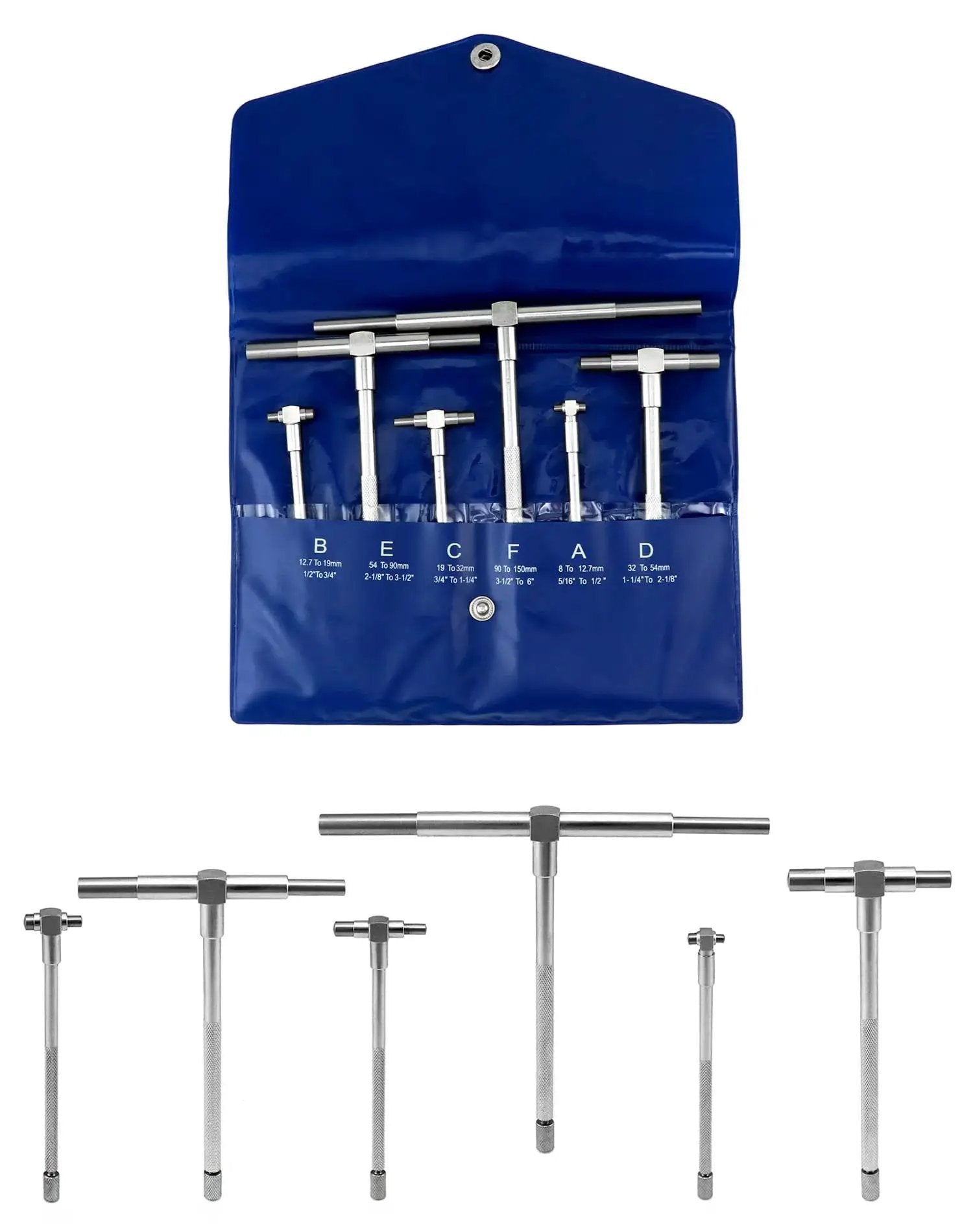 Telescopic Bore Gauge Set Five Sixteenth To Six Inches Six Pack Premium Steel T Bore Hole Gauges With Case shown in open blue case.