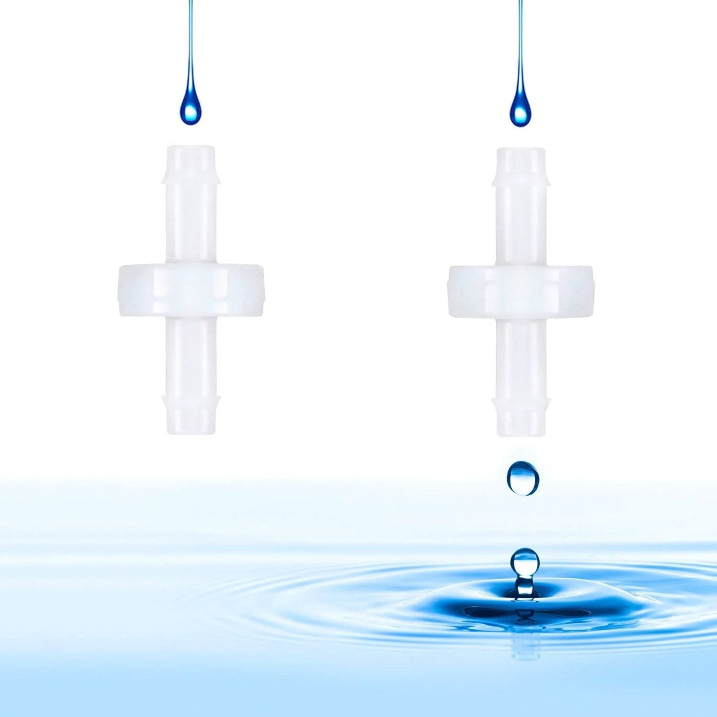 Front view of two quarter inch PVDF check valves with VITON diaphragm for fluid and pneumatic systems to prevent backflow.