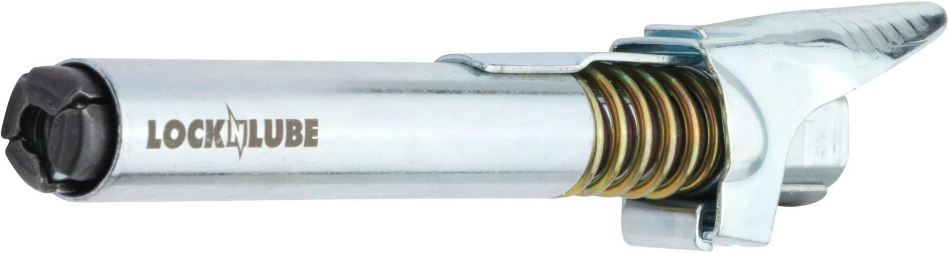 Extra Reach XL Grease Gun Coupler With Universal Fit Locking Hands Free Design For Recessed Fittings High Pressure Up To 10,000 PSI Leak Proof Quick Connect Durable Grease Fittings Tool For Pro And DIY, side view of metal coupler with locking mechanism and spring, silver and black.