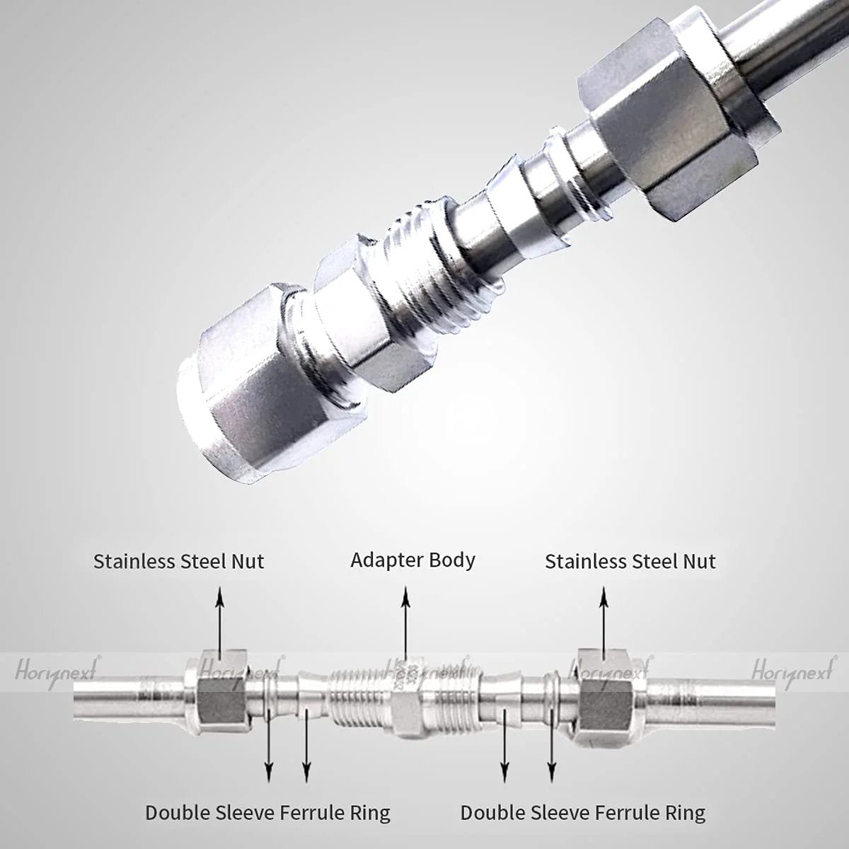 5/16 Inch Stainless Steel 304 Compression Fitting For Tube And Air Line Connection Heavy Duty Brass Pipe Adapter For Copper Brake Hose Water And Fuel System Up To 1000 Psi And -100 To 660 F 1 Piece with labeled components
