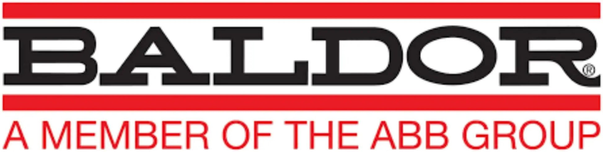 Baldor logo, a member of the ABB Group, in black and red text