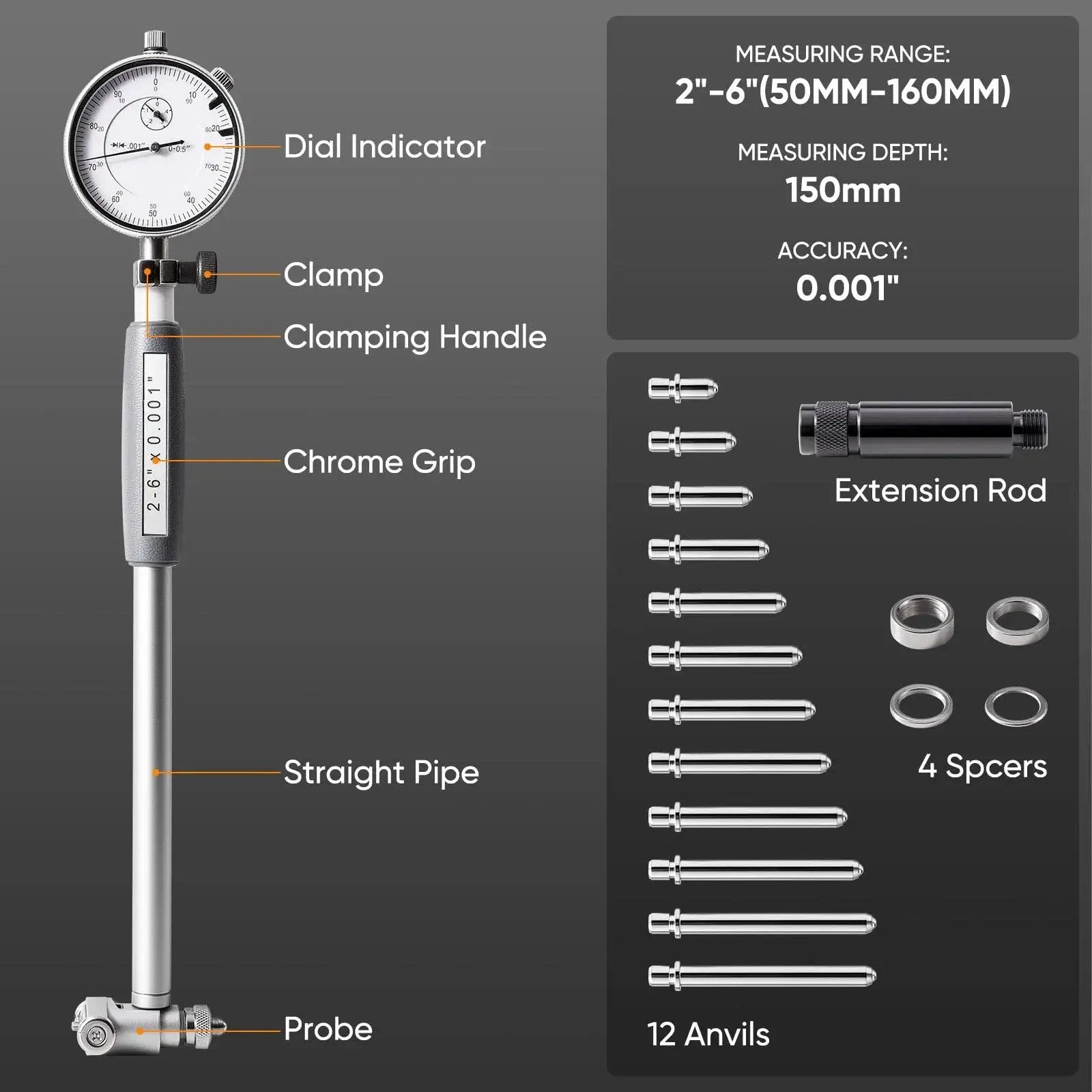 Precise Bore Gauge Set For Automotive Machining 2 To 6 Inch Range With 0.001 Inch Accuracy Dial Indicator Gauge Kit By CARdant