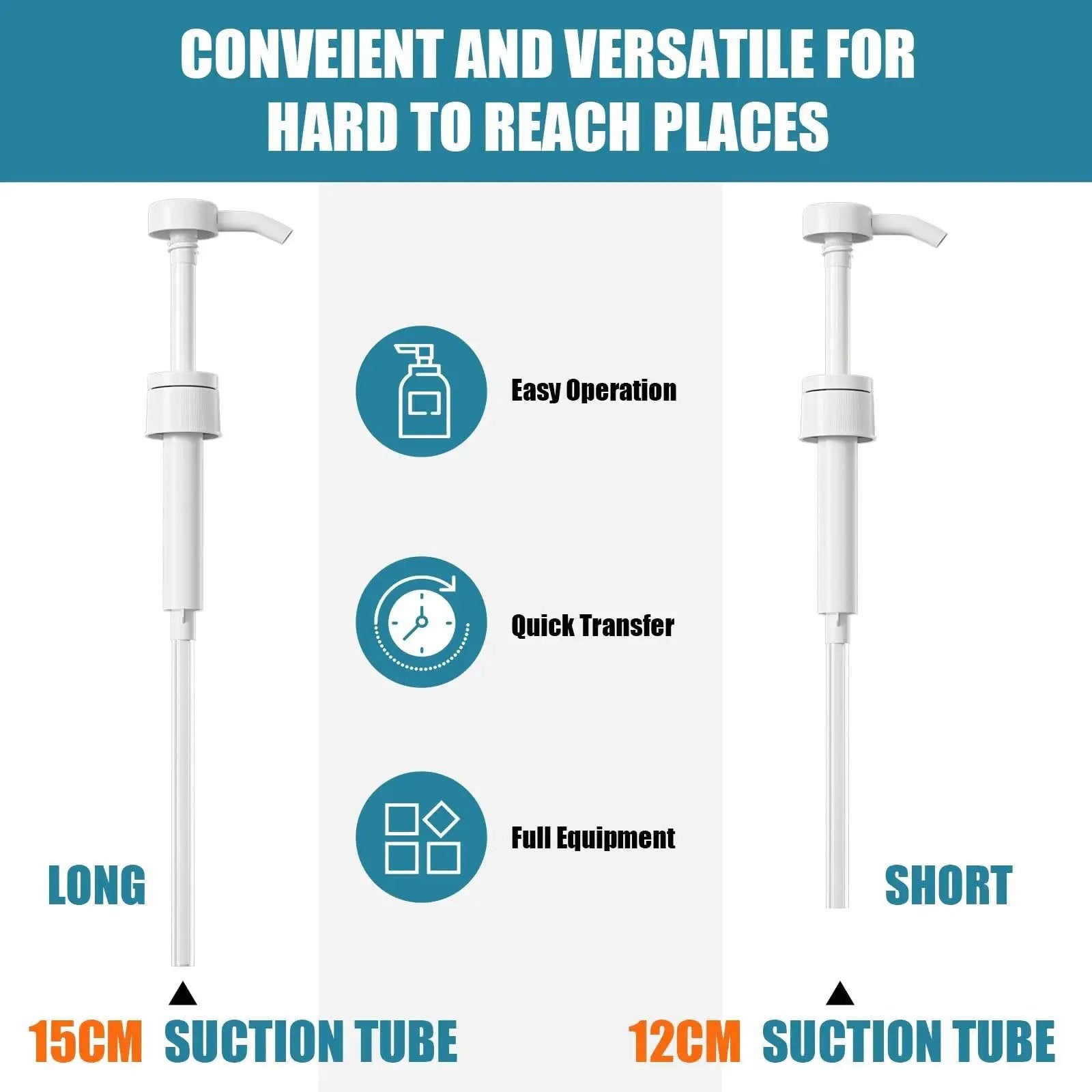 Side view of transmission fluid pumps with 15cm and 12cm suction tubes for quart bottles; labeled for easy operation and quick transfer.