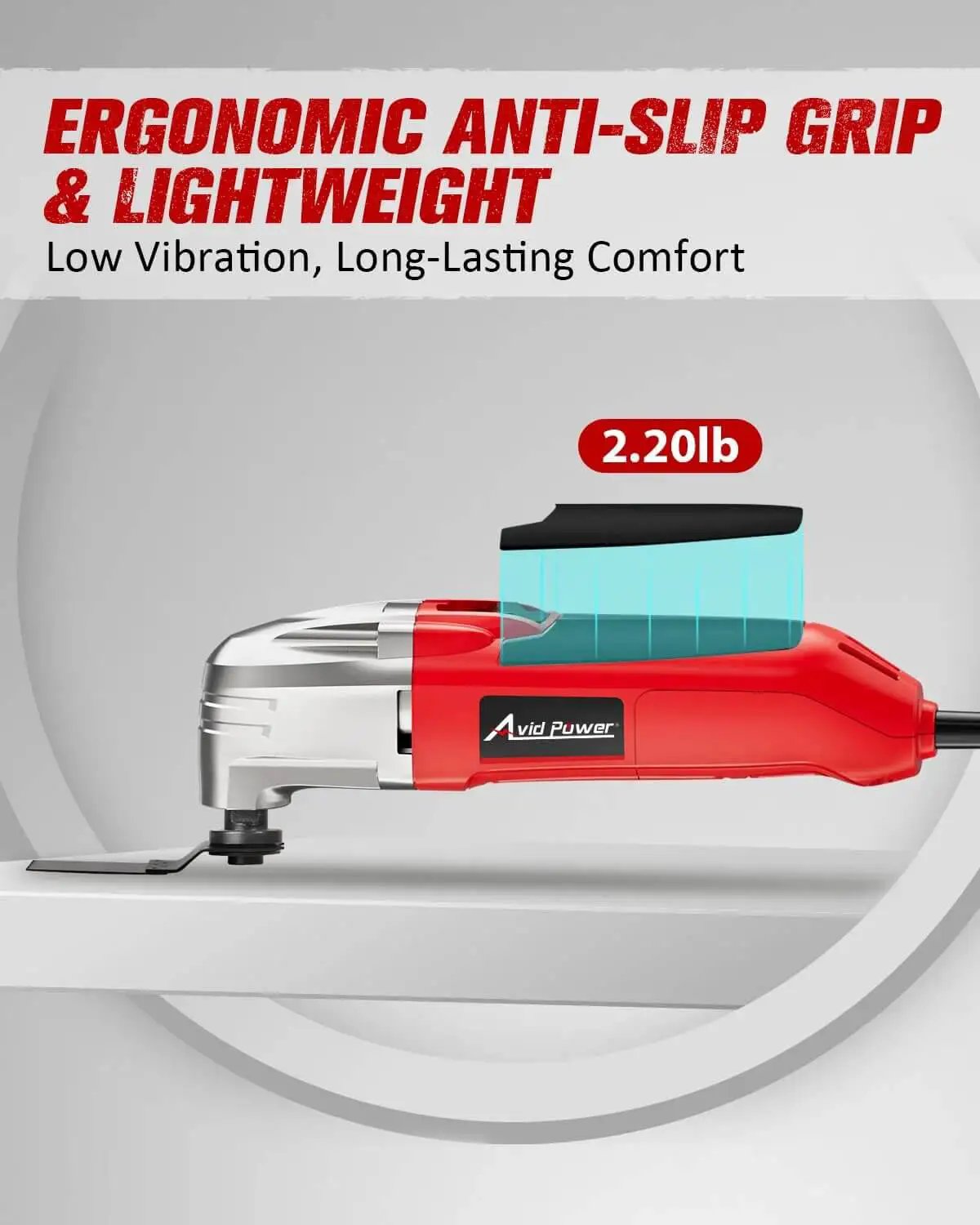 Side view of Beast Oscillating Multi Tool With 22000 OPM And 3 Degree Oscillation, 2A motor, red color with ergonomic grip.