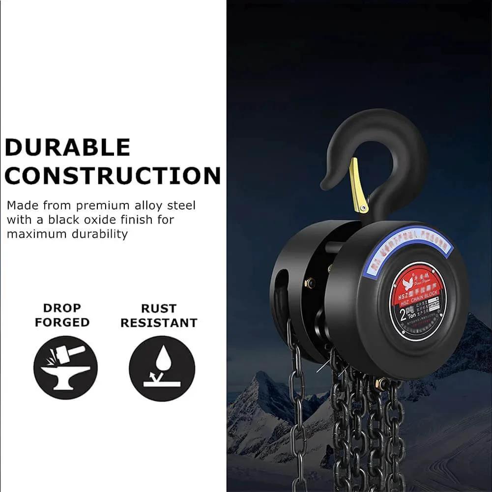 Manual Chain Hoist 1 Ton Capacity With 10 Ft Lift And 2 Hooks, close-up view of alloy steel construction and 20MN2 chain