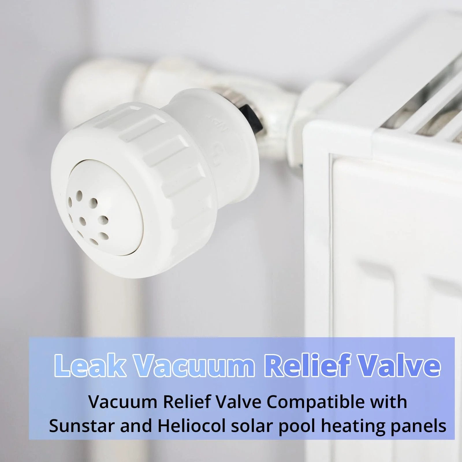 Three Quarter Inch PVC Vacuum Relief Valve For Pool Solar Panels Plug And Play Replacement Part Compatible With Heliocol And Sunstar Heating Systems White Easy Install Low Maintenance installed on pipe
