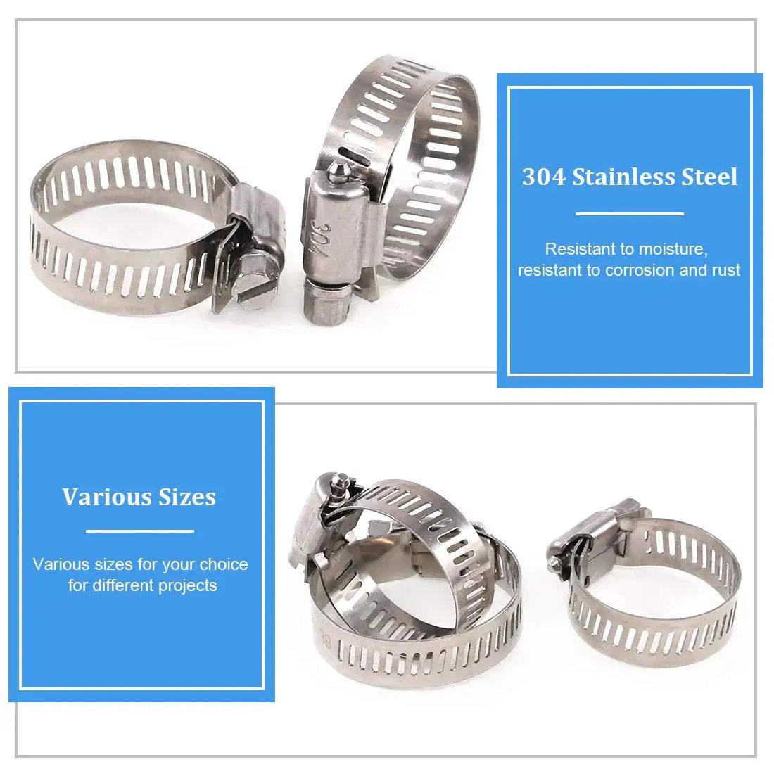 Heavy Duty 20 Pcs 304 Stainless Steel Adjustable Hose Clamps Range 18-32 Mm Worm Gear Clamp Kit display with material info