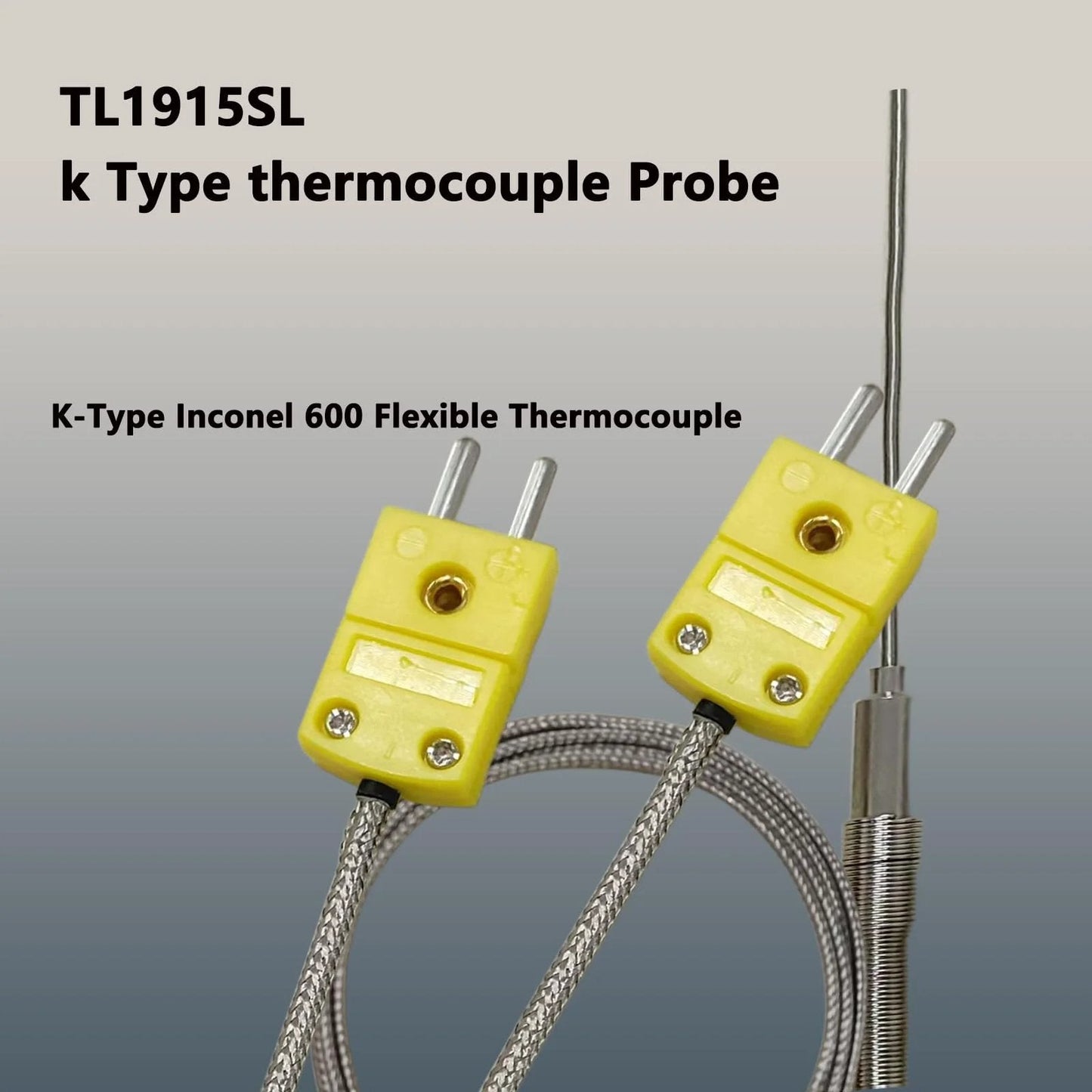 2-Pack TL1915SL K Type Thermocouple Probe, 6 Inch Sensing Tip, 0.06 Inch Diameter, flexible lead, yellow connectors visible.