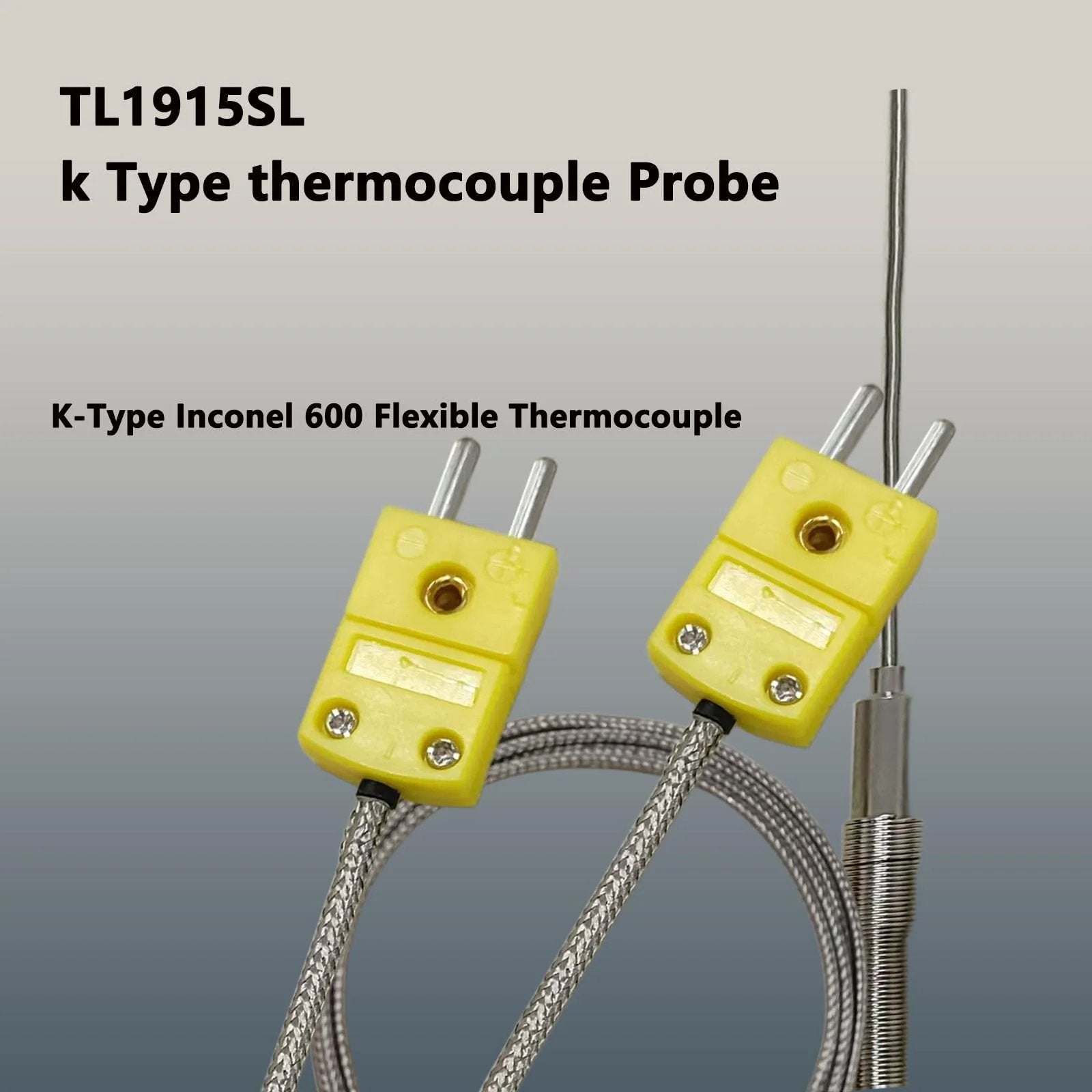 2-Pack TL1915SL K Type Thermocouple Probe, 6 Inch Sensing Tip, 0.06 Inch Diameter, flexible lead, yellow connectors visible.