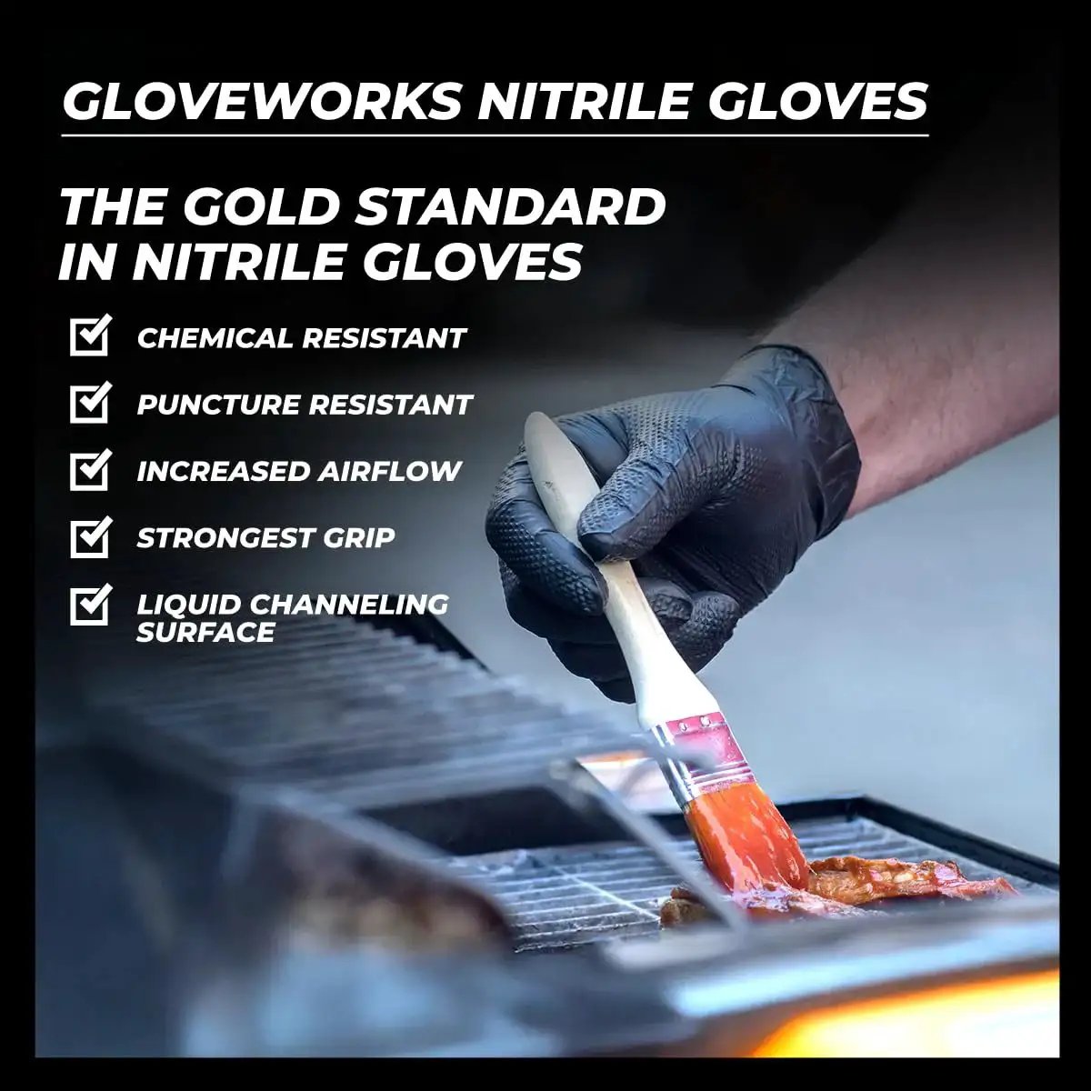 Black Nitrile Disposable Gloves 6 Mil Raised Diamond Texture Large Box Of 100 in use while grilling with a brush
