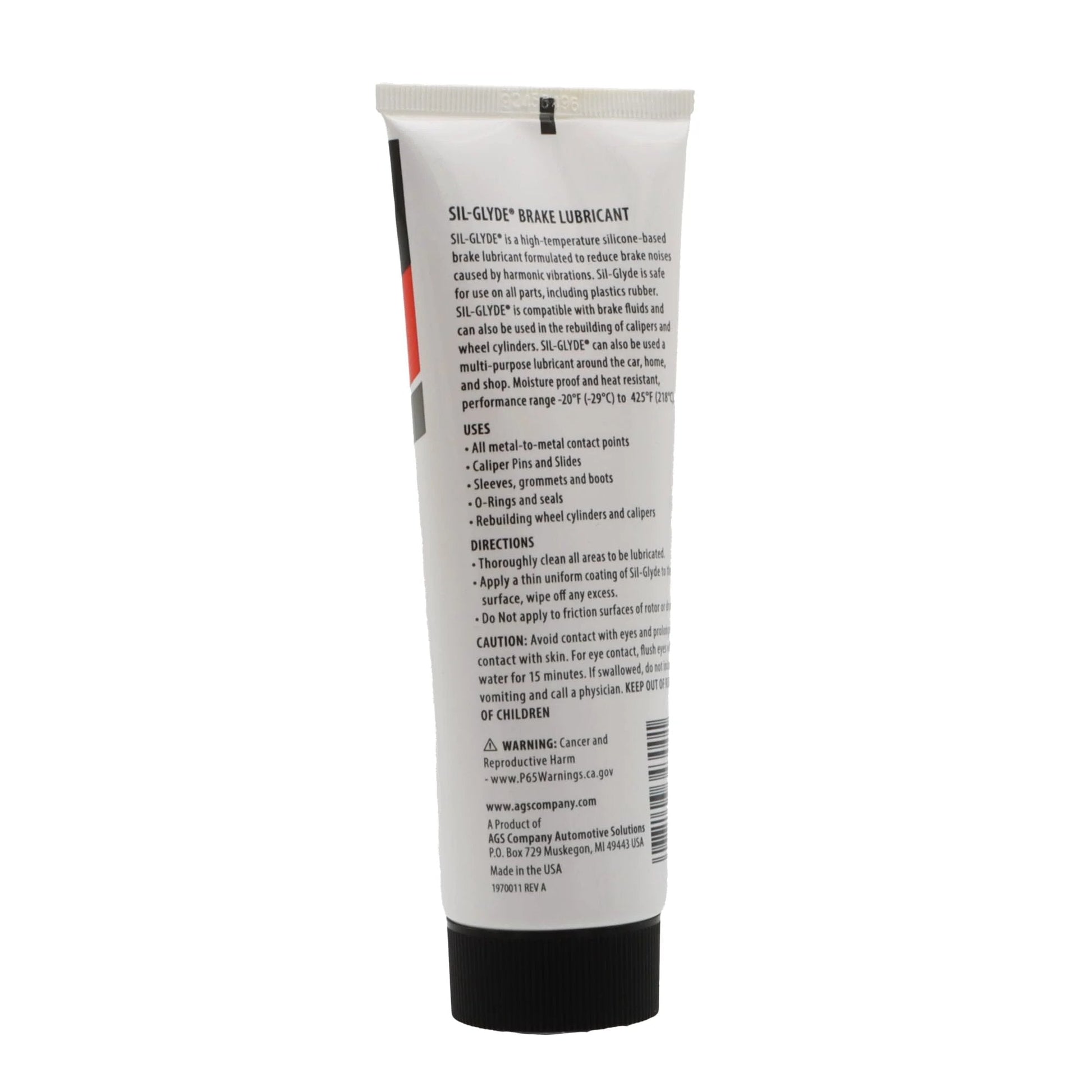 Side view of Disc Brake Squeal Eliminator With Silicone Based Brake Lubricant For Full Assembly Keeps Noise Down While Shielding Components From Moisture Heat And Rust AGS Sil Glyde 4 Oz Tube showing details and usage instructions on the back label.