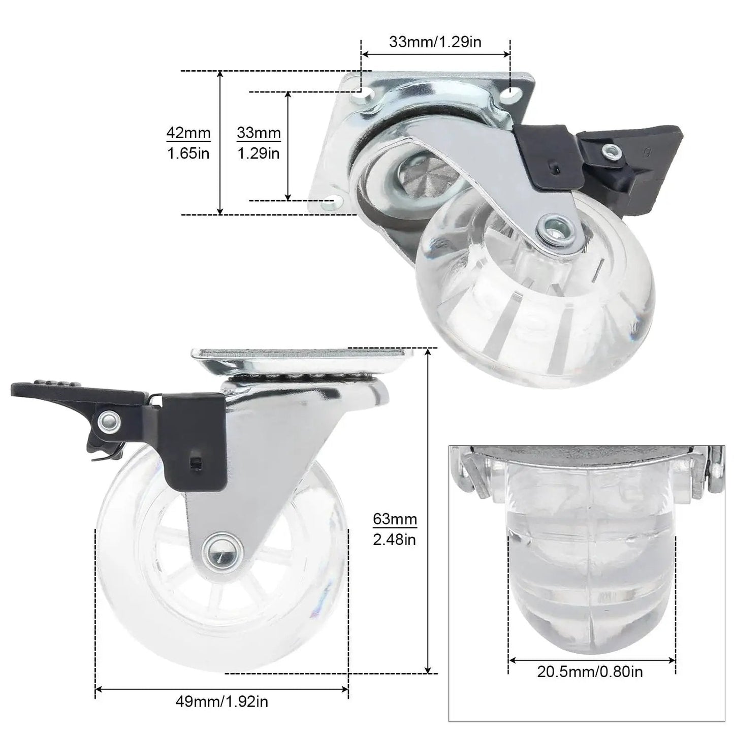 Crystal Clear 2 Inch Caster Wheels Set Of 8 With Brakes For Carts Cabinets Dressers And Benches 360 Degree Top Plate