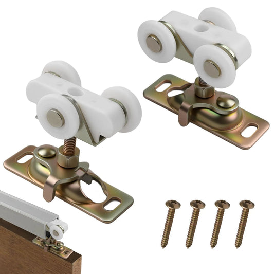 2 Pack Three Quarter Inch Pocket Door Rollers Replacement Wheels With Top Hanger For Sliding Doors, Three Wheel Nylon Ball Bearing Set For Quiet Smooth Operation, Fits Doors 1.3 Inches Thick And Standard Pocket Door Hardware Kits