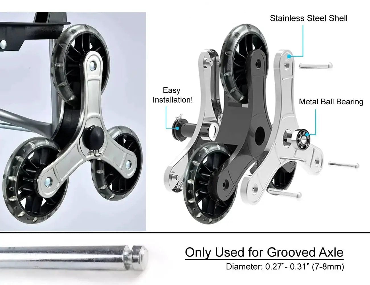 Replacement Stair Climbing Wheels For Shopping Cart And Laundry Trolley, Triangle Rubber Wheels For Foldable Cart, stainless steel and metal ball bearing details shown.