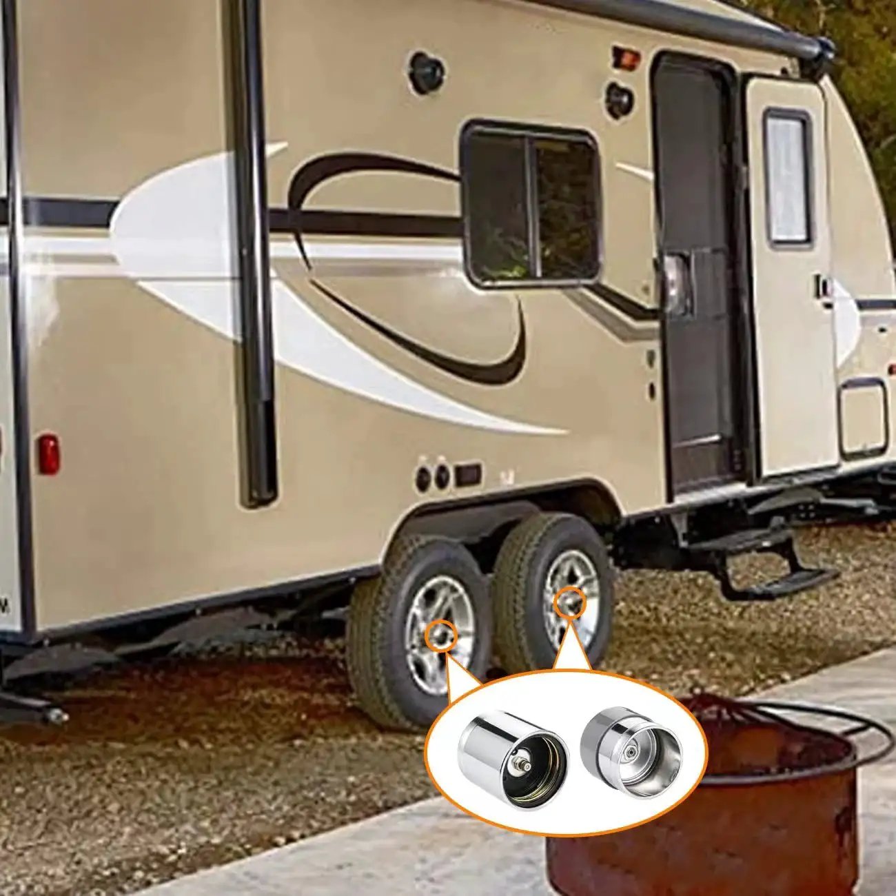 Beefed Up Trailer Wheel Bearing Protector Set 1.98 Inch Stainless Steel Bearing Protectors With Dust Cover Caps For Trailer Or Boat visible with trailer