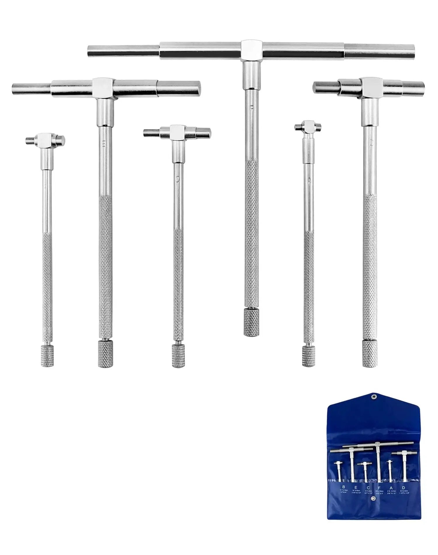 Set of six telescopic bore gauges with case, sizes 5/16 to 6 inches, premium steel, includes case for machining, automotive use.