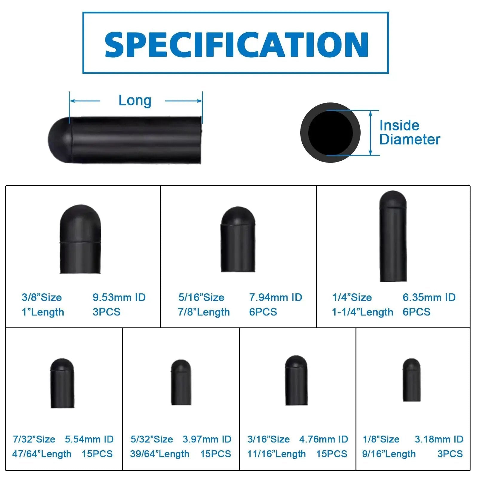 63 Piece Rubber Vacuum Hose End Cap Kit In Seven Sizes For Sealing Hoses And Fittings specification chart showing dimensions.