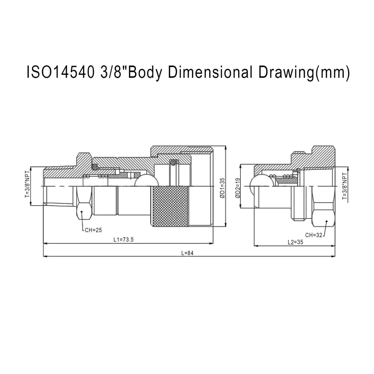 Dimensional drawing of ISO 14540 3/8 NPT High Pressure Hydraulic Quick Coupler Set with Ball Valve.