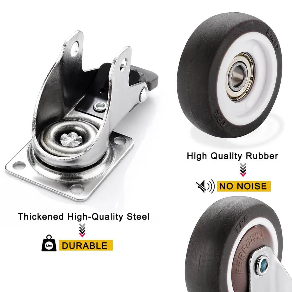 Small Caster Wheels 1" - Low Profile Swivel Casters Set of 4, Quiet Rolling Rubber Plate Wheels for Small Furniture, 2 with Brakes & 2 Without close-up of wheel and mounting bracket.