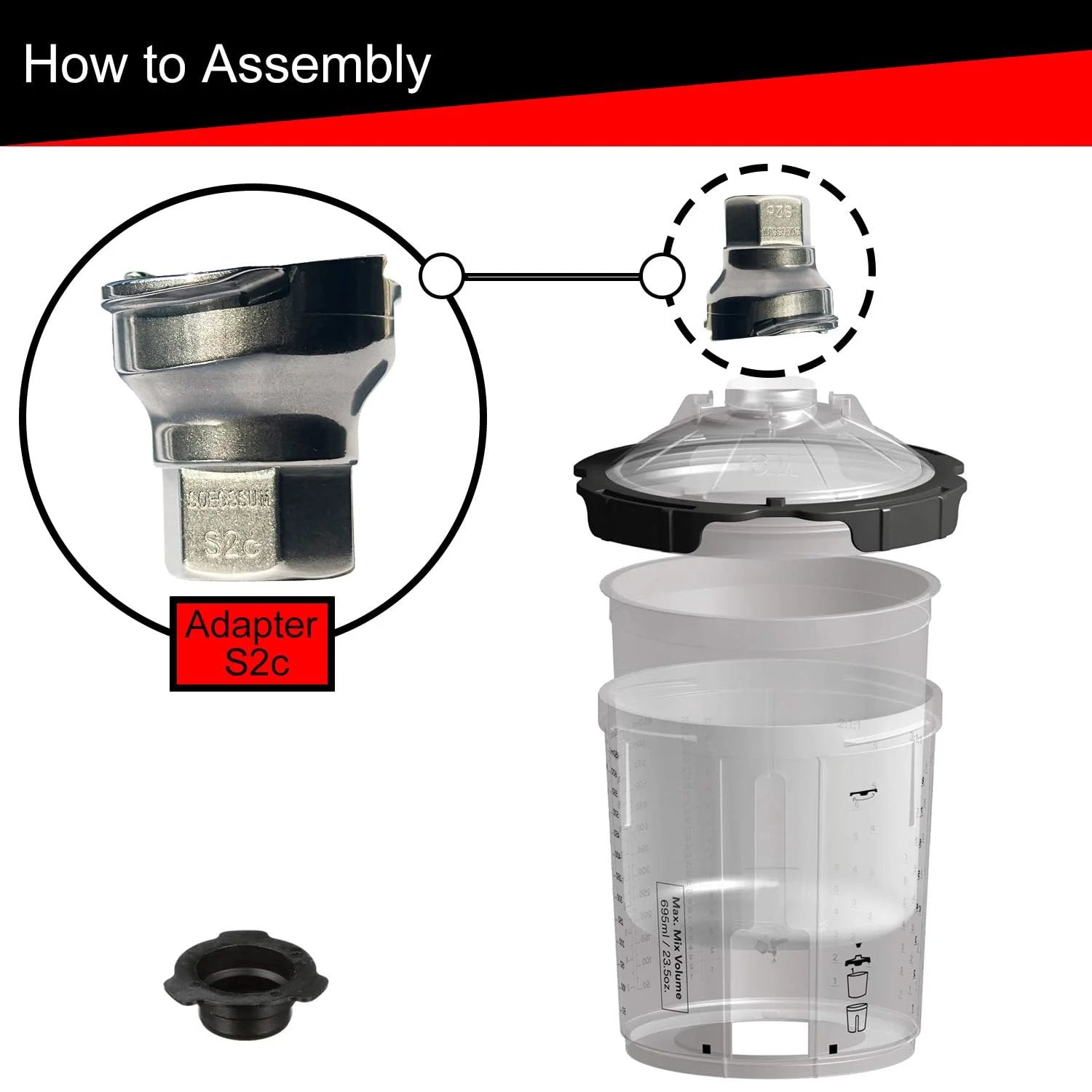 Ultra Durable 16 Mm Female Spray Gun Adapter For PPS Two Point Zero Pro Grade Heavy Duty Alloy Stainless Steel Fits A Wide Range Of Paint Guns One Point Five Millimeter Thread Two Pack Silver showing assembly with 2.0 cup system.